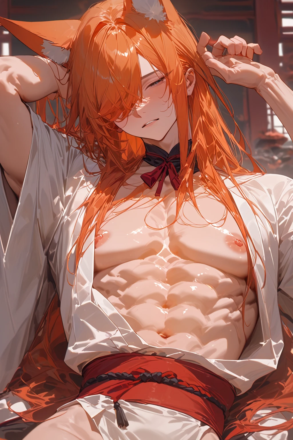 a close up of a man with orange hair and no shirt, handsome guy, wearing no shirt :: high détail, Light orange hair with pink highlights, Boy Anime, loiro waist-long hair, cute anime pose, soft skin, wearing no shirt, work of art,detailded, intricate,4K,digitalpainting,pants,martial arts,black belt, muscular,perfect abs,warrior,sports,seducer,lust,(smiling:0.3)(evil:0.3)(from low:1.2),(hinterland)(palace)(one hand behind the head),serious, confident,gazing at viewer,Maledom,tenet,