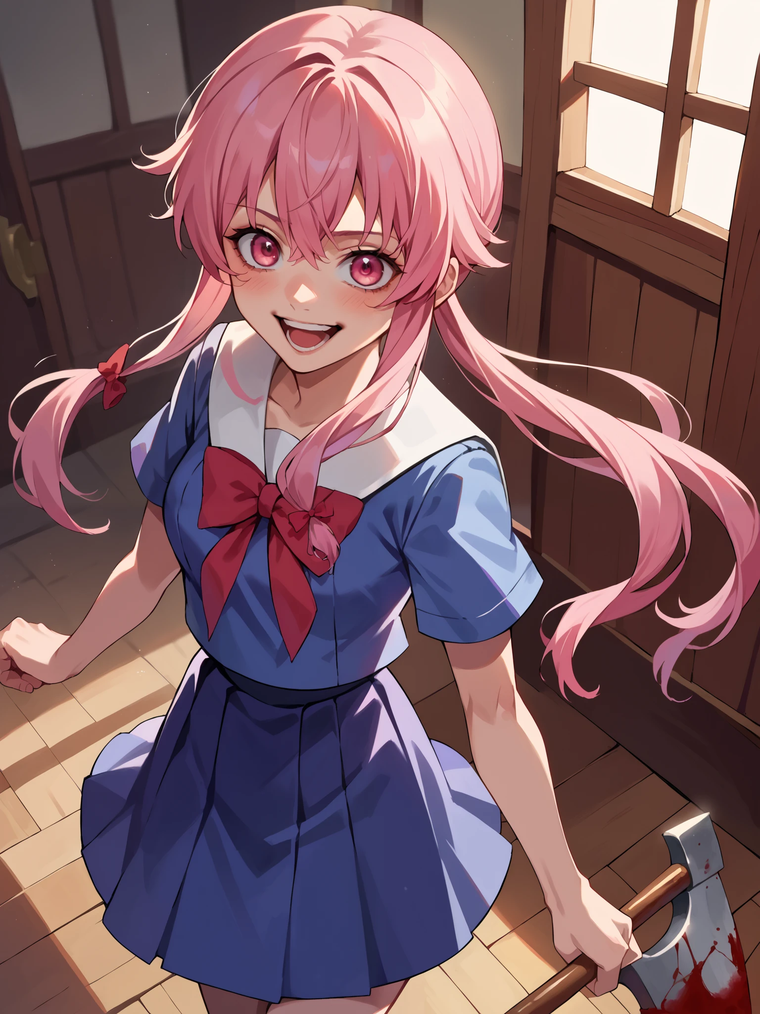 score_9, score_8_above, score_7_above, source_anime, 1 , alone, Yuno Gasai, long hair, pink eyes, pink hair, to smile, Short twins , sailor uniform, white sailor collar , short sleeves , shirt, blue shirt, skirt, blue skirt, bow, bowtie, red bowtie, standing, blood, bloodstained, evil eyes, laughing, evil laugh holding an axe , clutching the axe with both hands, evil look , looking at you , interior, Dark Night