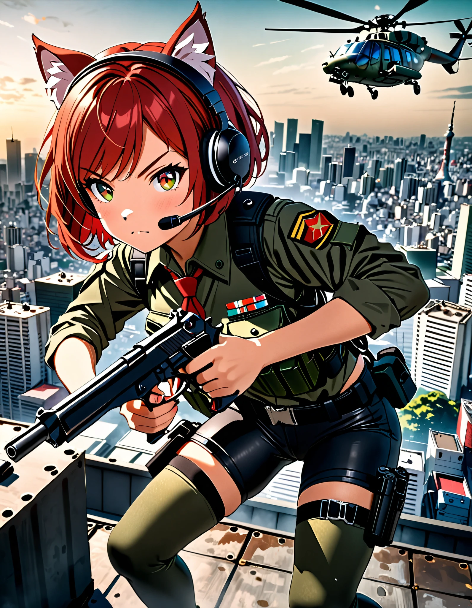 masterpiece, best quality, high res, 4k, 8k, solo focus, 1girl, female commando, Japanese military officer, (catgirl:1, furry ears:1.2), college-aged female, ((short hair, bob hair, red hair, hazel eyes, swept bangs, headset, googles)), green-collared shirt, red bowtie, tactical gear, pistol holster, (full dark grey leggings), (black biker shorts:1.3), (dark green combat boots), ((using a beretta 92fs pistol with suppressor)), aggressive battle stance, Tokyo skyline, rooftop, (a military helicopter hovering above:1.2), intense atmosphere, intense expression, dutch angle. Action shot.