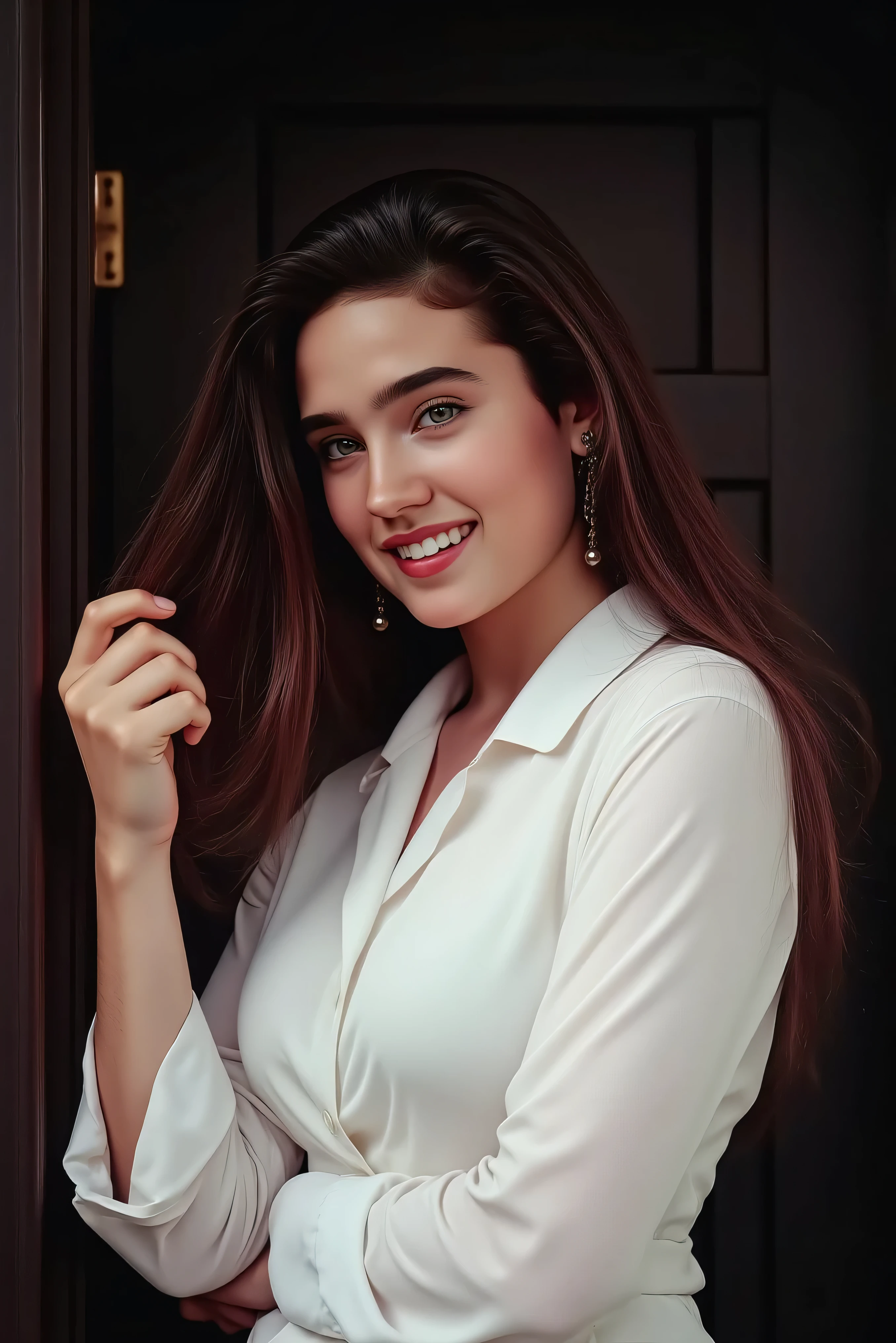 Masterpiece, Top Quality, 1 female, alone, The skinny 18-year-old Jennifer Connelly, cinematic lighting showing her body , 8k, ((Super long brown hair reaching to her waist:1.4)),((wearing a white shirt mini dress:1.4)、((shy smile:1.5))((run her fingers through her hair:1.5))))