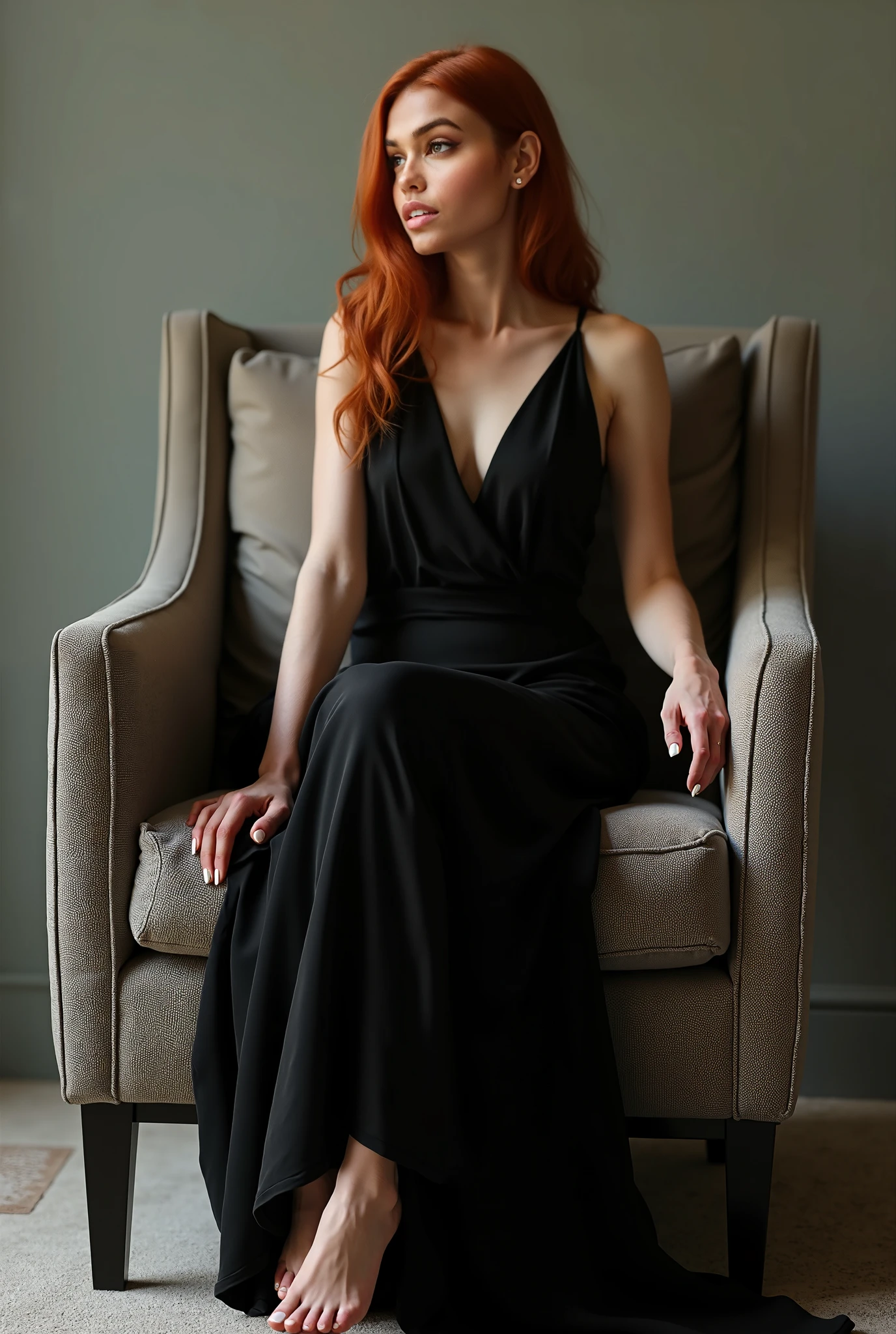 portrait, her name is Mia, high quality, 1 old woman, ((40-year-old guitar-shaped body irish woman)), (((40 years old))), wide hips, (((red hair))), (pale skin), ((green eyes)), she is wearing a sexy sparkly black party dress, dynamic pose, BREAK, BACKGROUND: indoor: rooftop bar with city lights, Film grain