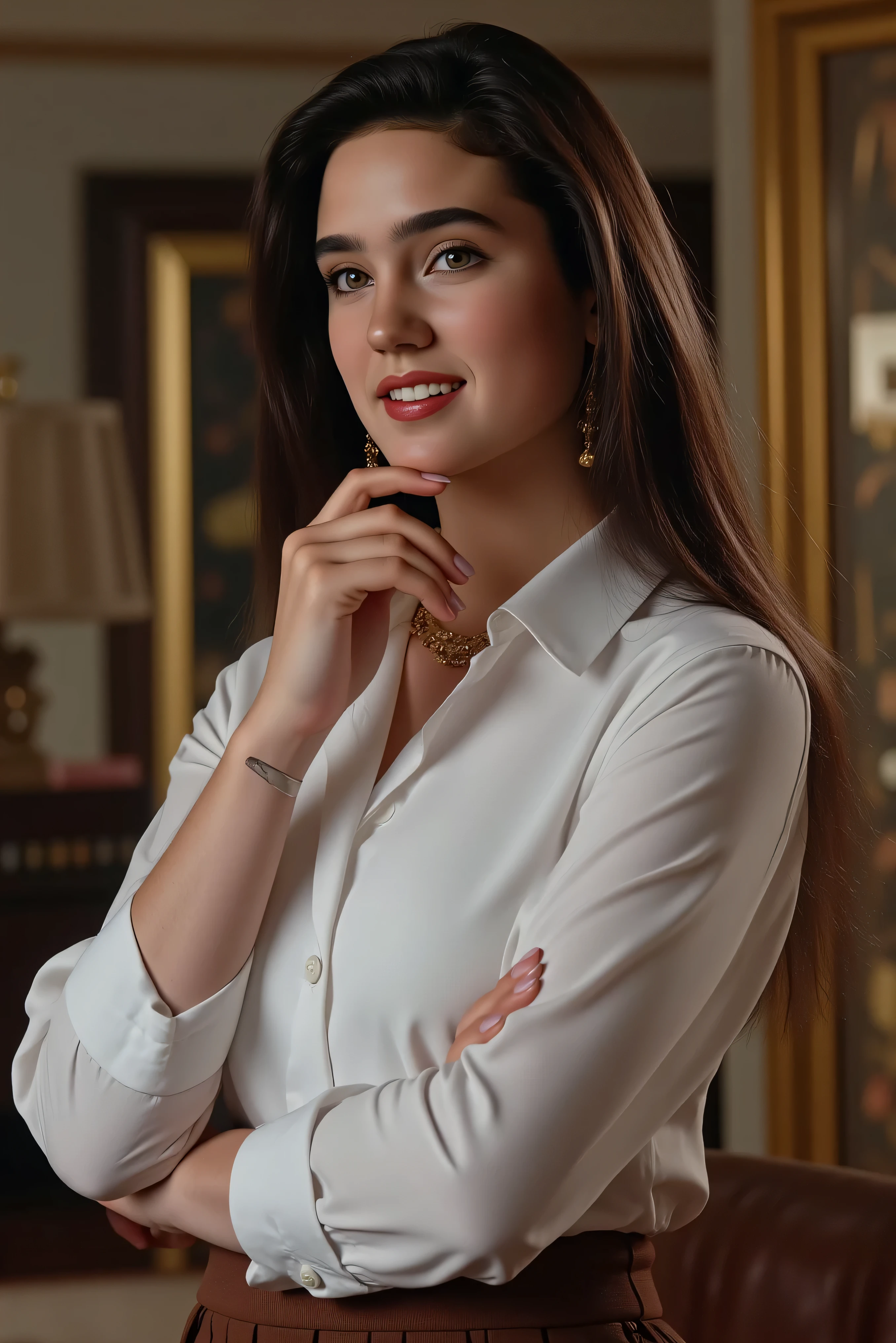   Masterpiece,      Top Quality,     1 female,   alone,  35 year old Jennifer Connelly who lost weight,    cinematic lighting showing her body   , 8k, ((Super long brown hair reaching to her waist:1.4)),((white long sleeve button up blouse_brown pleated mini skirt:1.4)、((shy smile:1.5))((Place your left hand gently on your chin:1.5))((gold necklace_Large earrings:1.2)),