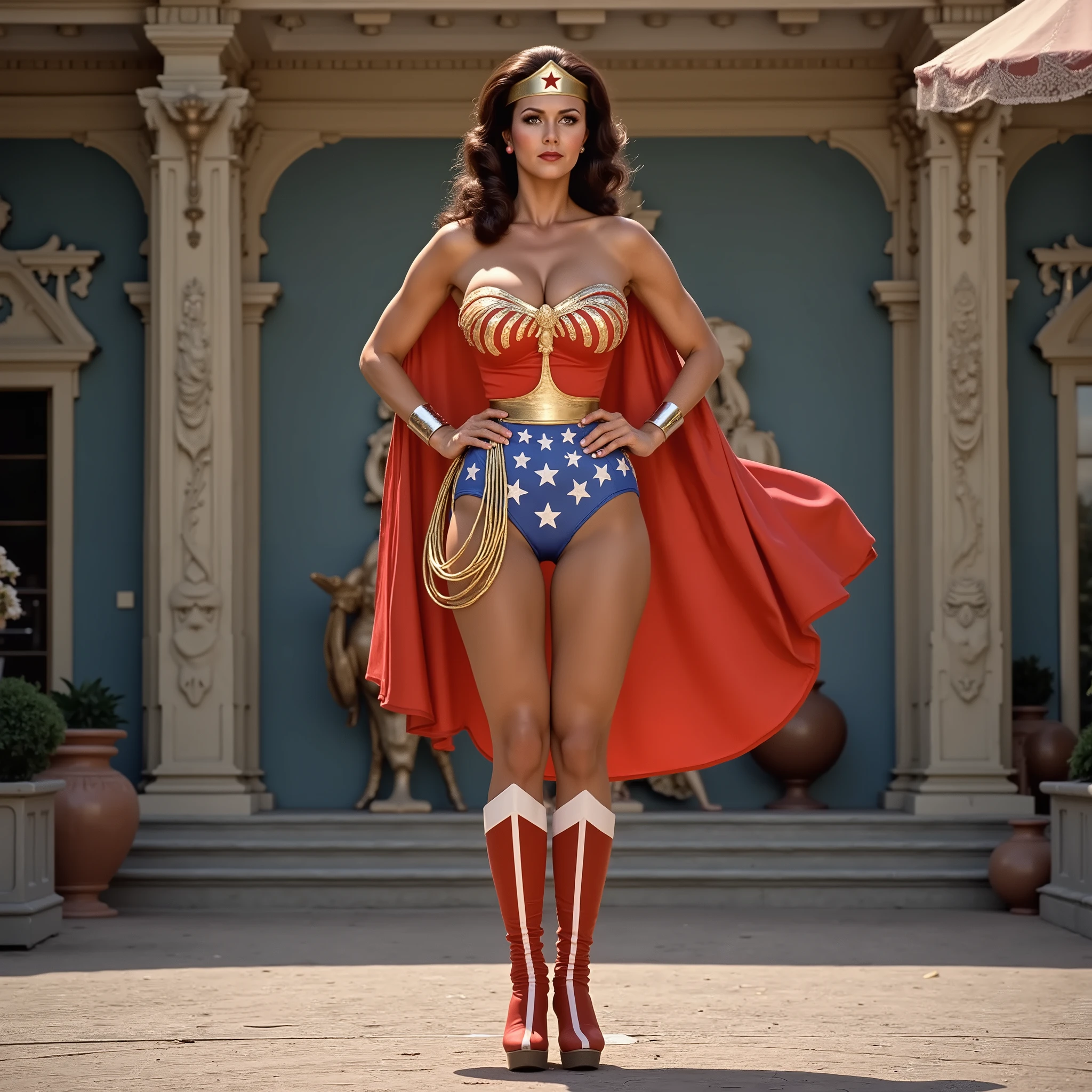  A SEXY LYNDA CARTER AS THE ICONIC 1960 WONDER WOMAN, WEARING A SPANDEX WONDER WOMAN COSTUME, SPANDEX PATRIOTIC BLUE SKIRT. A RED PATRIOTIC WONDER WOMAN CAPE, RED WONDER WOMAN BOOTS. HER GOLDEN LASSO ATTACHED TO THE SIDE OF HER HIP. CRYSTAL CLEAR ART, CELAN CRISP ART, 4K, 8K, MILLIONS OF TEXTURES AND DETAILS.