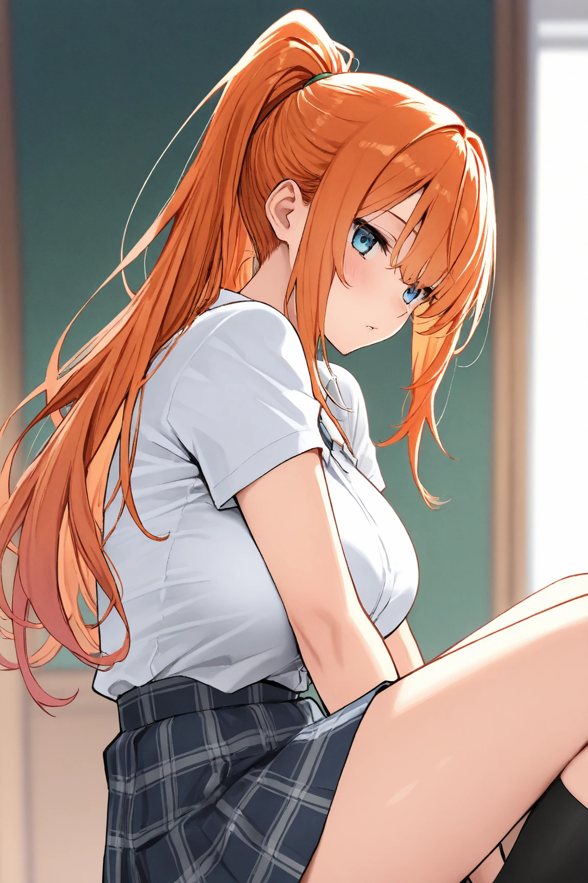 Anime girl sitting on the bed in a short skirt and bow tie, seductive anime girl, Smooth anime CG art, Photorealistic anime girl rendering, a surreal high school girl, small curvaceous , attractive anime girl, cute anime girl,  wearing a dress, beautiful anime high school girl, beautiful anime girl squatting, surreal high school girl, (masterpiece, best quality), nsfw, 1girl, lying, (on stomach:1.2), (spread legs:1.3), (squatting:1),feet,(buttom up:1.2),pull legs, from behind, ass, pussy, cum in pussy,cum pool BREAK girl, 15 yo, (:1.5), black hair, medium long hair, (straight hair:1.1), (braid:0.8), grey eyes, ultra detailed eyes, (huge breasts:1.1), hanging breasts, (tareme:1.3), (ahegao:1.3), ((:o):1.2), blush,heavy breathing, steam, tears, half-closed eyes, BREAK school uniform, (white collared shirt:1), long sleeves, red neck ribbon, (unbuttoned cardigan:1), beige cardigan, BREAK (blue checked skirt:1.1),white socks, bottomless, BREAK, on bed