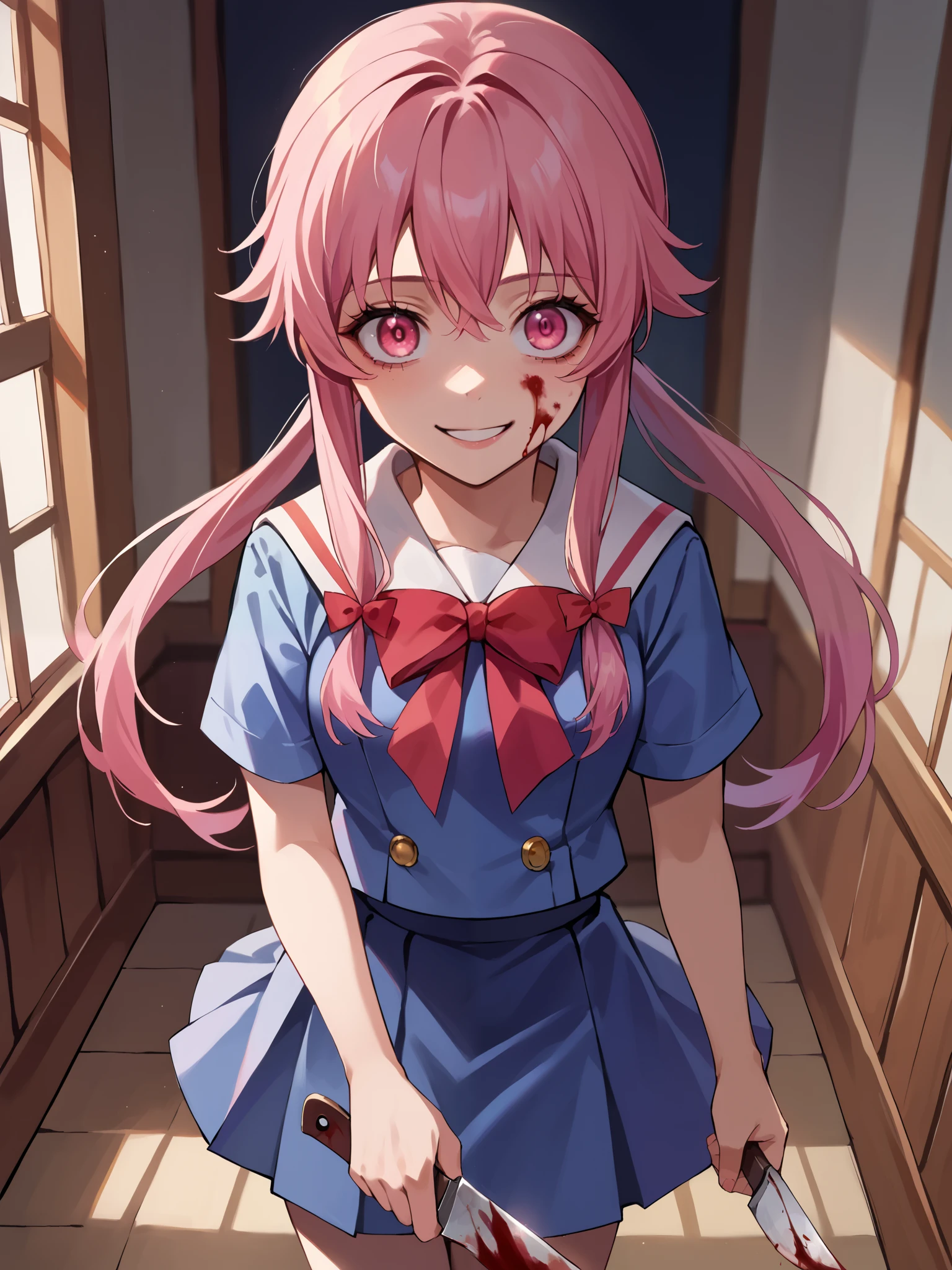 score_9, score_8_above, score_7_above, source_anime, 1 , alone, Yuno Gasai, long hair, pink eyes, pink hair, to smile, Short twins , sailor uniform, white sailor collar , short sleeves , shirt, blue shirt, skirt, blue skirt, bow, bowtie, red bowtie, blood, bloodstained, evil eyes, holding a knife , evil look , looking at you , interior, Dark night best quality best effects best shadows best 8k lighting