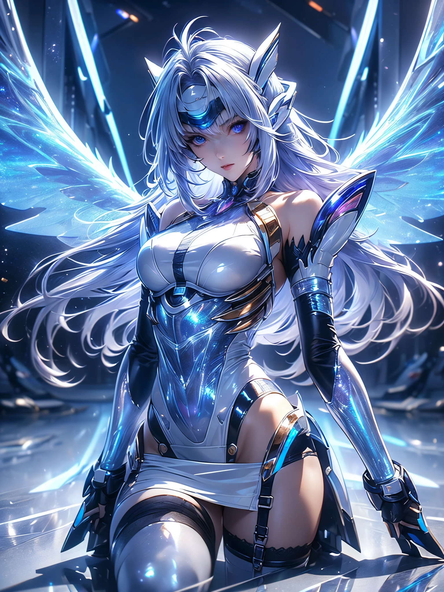 ((masterpiece:1.2)), ((highest quality)), detailed metal texture, detailed cloth texture, extreme detailed description, (T-maste piece), super fine illustration, highly detailed face, raw photo, professional, ultra-fine painting, perfect anatomy, real, ((Solo)), ((Mecha Angel Beautiful woman in costume)), Beautiful breasts, Concept art, (Combat pose), Detailed science fantasy art, (Beautiful shiny silver hair), ((Has large amethyst purple mecha wings)), (Robot:1.2)Smooth and menacing design, (action pose), (amethyst purple all-range combat equipment armor dress for marshals), otherworldly, starry sky, no robot, (NSFW)