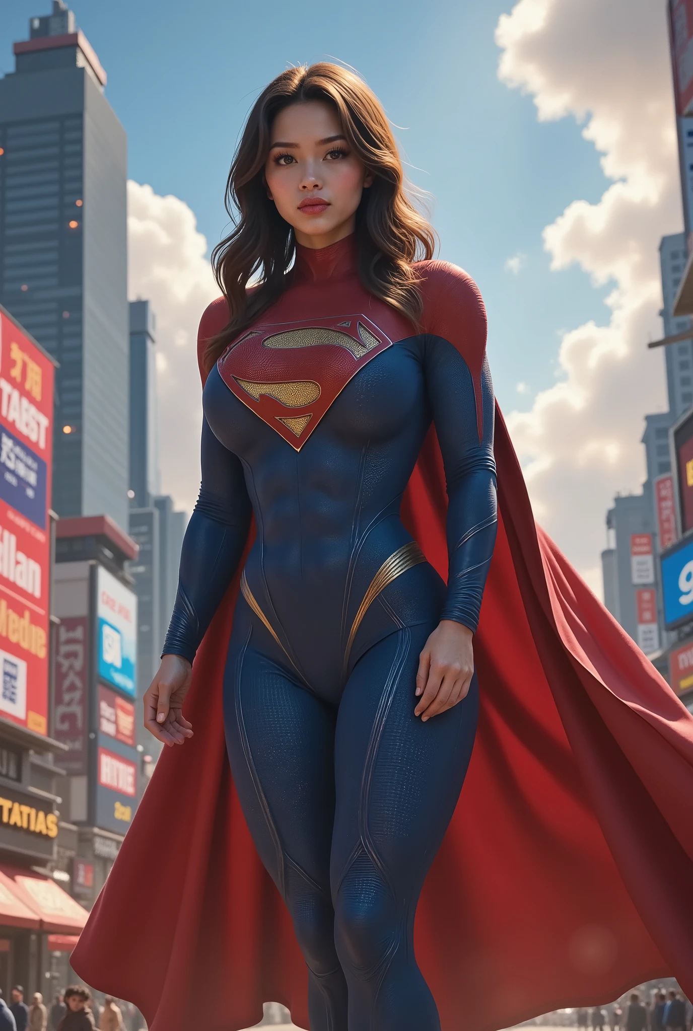 A SEXY TALL JAPANESE ASIAN GIRL AS SUPERGIRL. BLUE EYES, CUTE INNOCENT FACE, 4K, 8K, SUPER DETAILED, SUPER HIGH RES.