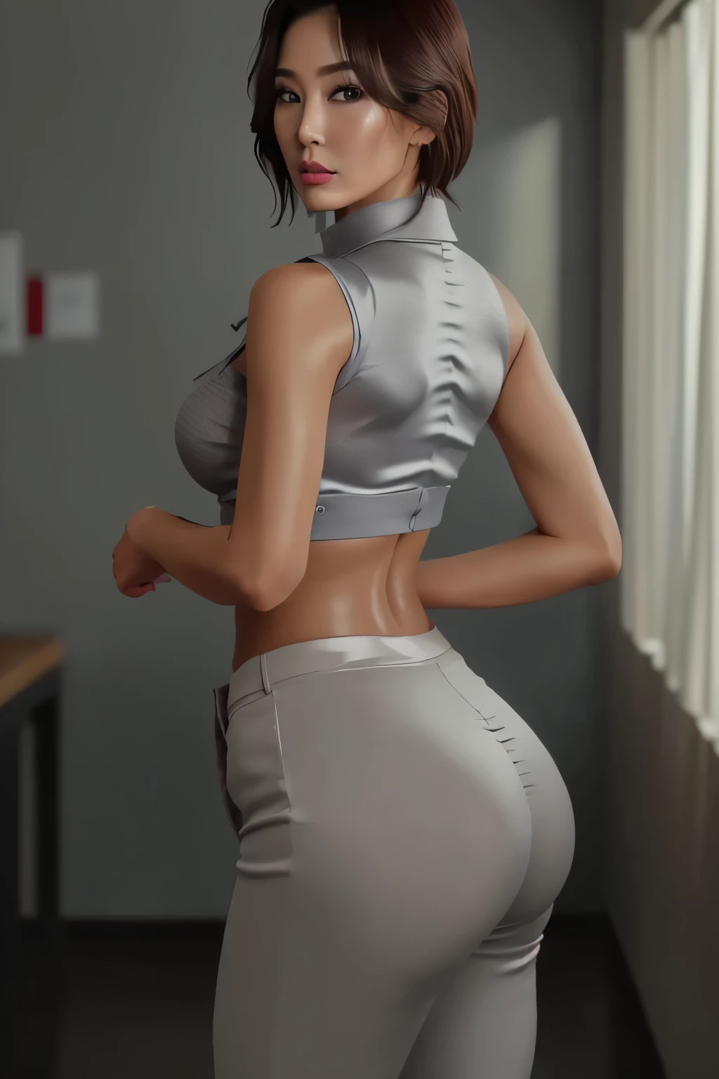 Women's Boho black  gray and blue lines pattern Print High Waisted Flare Pants Long Bell Bottom, merula, full body, thighs, high heels, solo girl, medium tits, nude tits, ass view, ass focus