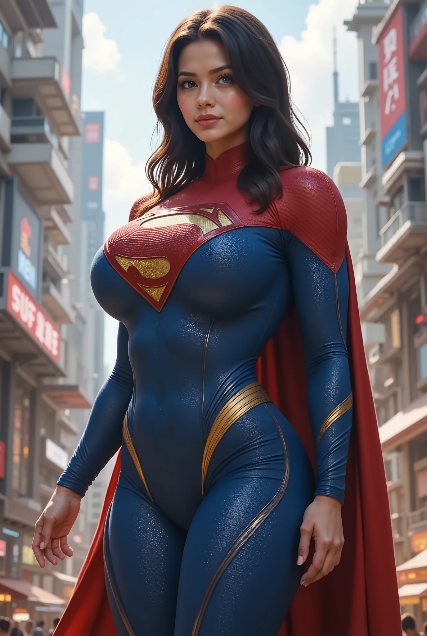 A SEXY TALL JAPANESE ASIAN GIRL AS SUPERGIRL. BLUE EYES, CUTE INNOCENT FACE, 4K, 8K, SUPER DETAILED, SUPER HIGH RES.