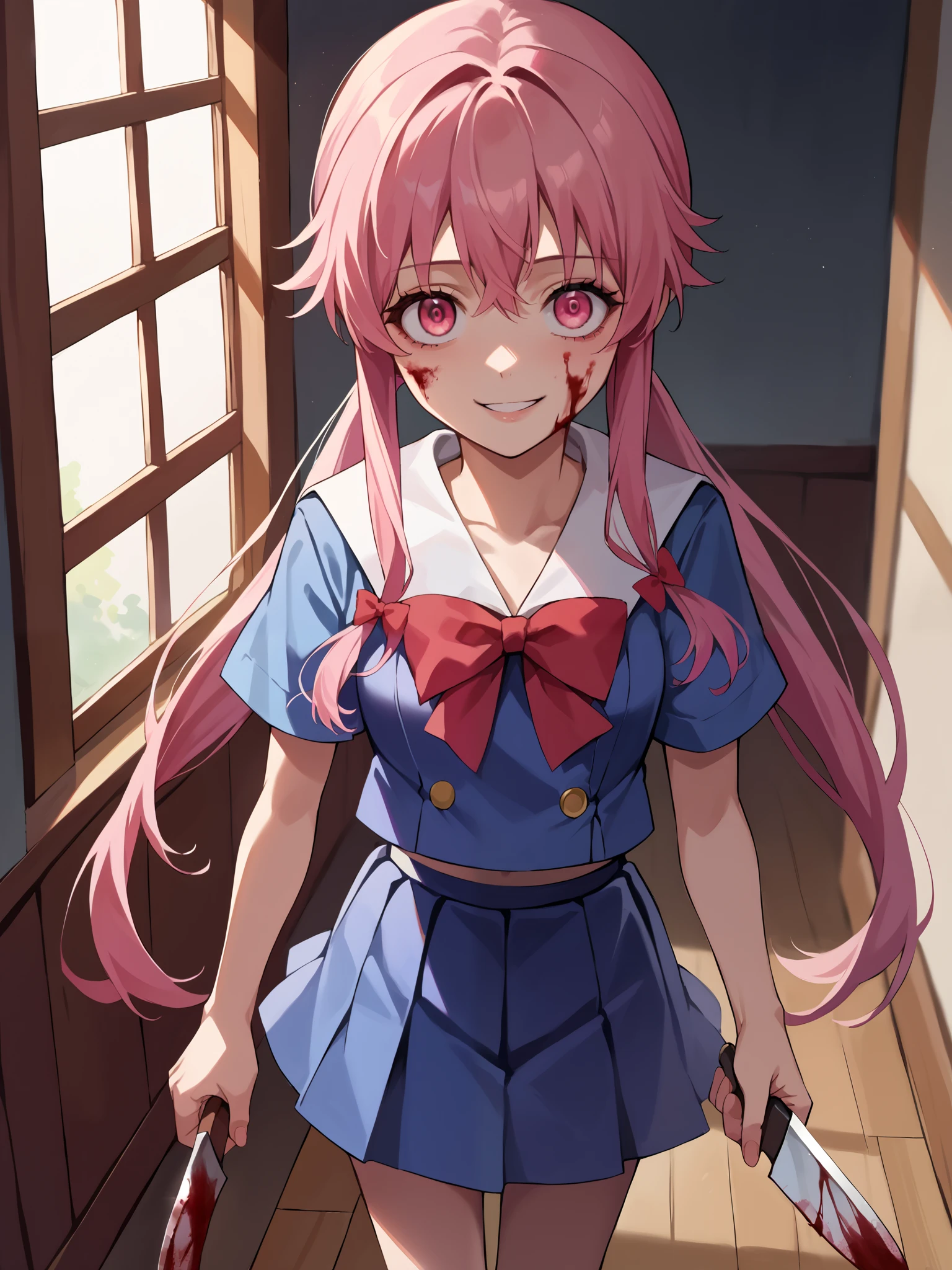 score_9, score_8_above, score_7_above, source_anime, 1 , alone, Yuno Gasai, long hair, pink eyes, pink hair, to smile, Short twins , sailor uniform, white sailor collar , short sleeves , shirt, blue shirt, skirt, blue skirt, bow, bowtie, red bowtie, blood, bloodstained, evil eyes, holding a knife , evil look , looking at you , interior, Dark night best quality best effects best shadows best 8k lighting