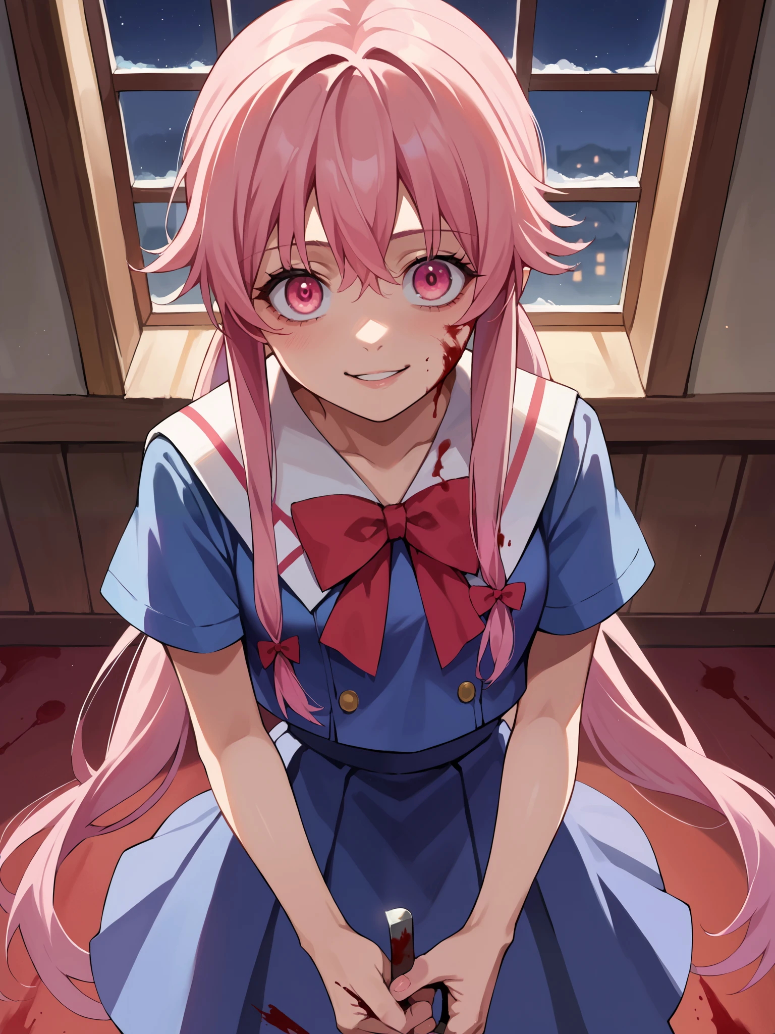 score_9, score_8_above, score_7_above, source_anime, 1 ,  alone, Yuno Gasai,   long hair, pink eyes,  pink hair, to smile, Short twins ,  sailor uniform,  white sailor collar ,  short sleeves , shirt, blue shirt, skirt, blue skirt, bow, bowtie, red bowtie, blood, bloodstained, evil eyes,  holding a knife ,  evil look ,  looking at you , interior, Dark night best quality best effects best shadows best 8k lighting 