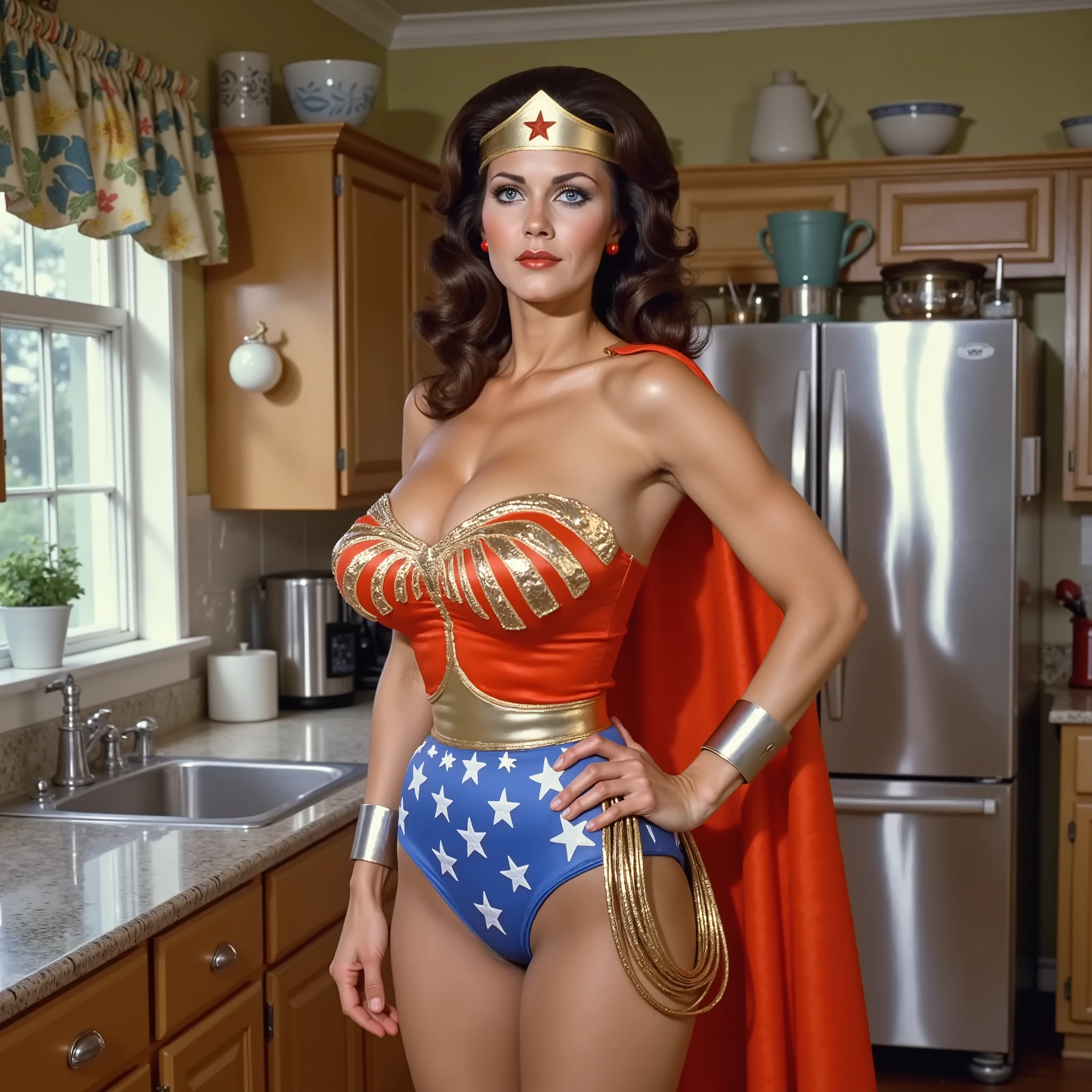 A SEXY LYNDA CARTER AS THE ICONIC 1960 WONDER WOMAN, WEARING A SPANDEX WONDER WOMAN COSTUME, SPANDEX PATRIOTIC BLUE SKIRT. A RED PATRIOTIC WONDER WOMAN CAPE, RED WONDER WOMAN BOOTS. HER GOLDEN LASSO ATTACHED TO THE SIDE OF HER HIP. CRYSTAL CLEAR ART, CELAN CRISP ART, 4K, 8K, MILLIONS OF TEXTURES AND DETAILS. COOKING DINNER
