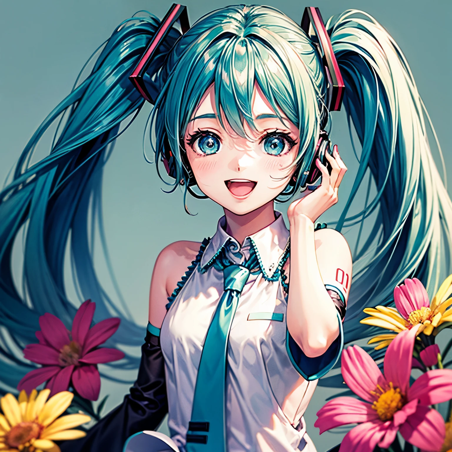 Hatsune Miku, high resolution, gaze to God, blushes, smiles, open your mouth, blue eyes, top quality, Floral Background