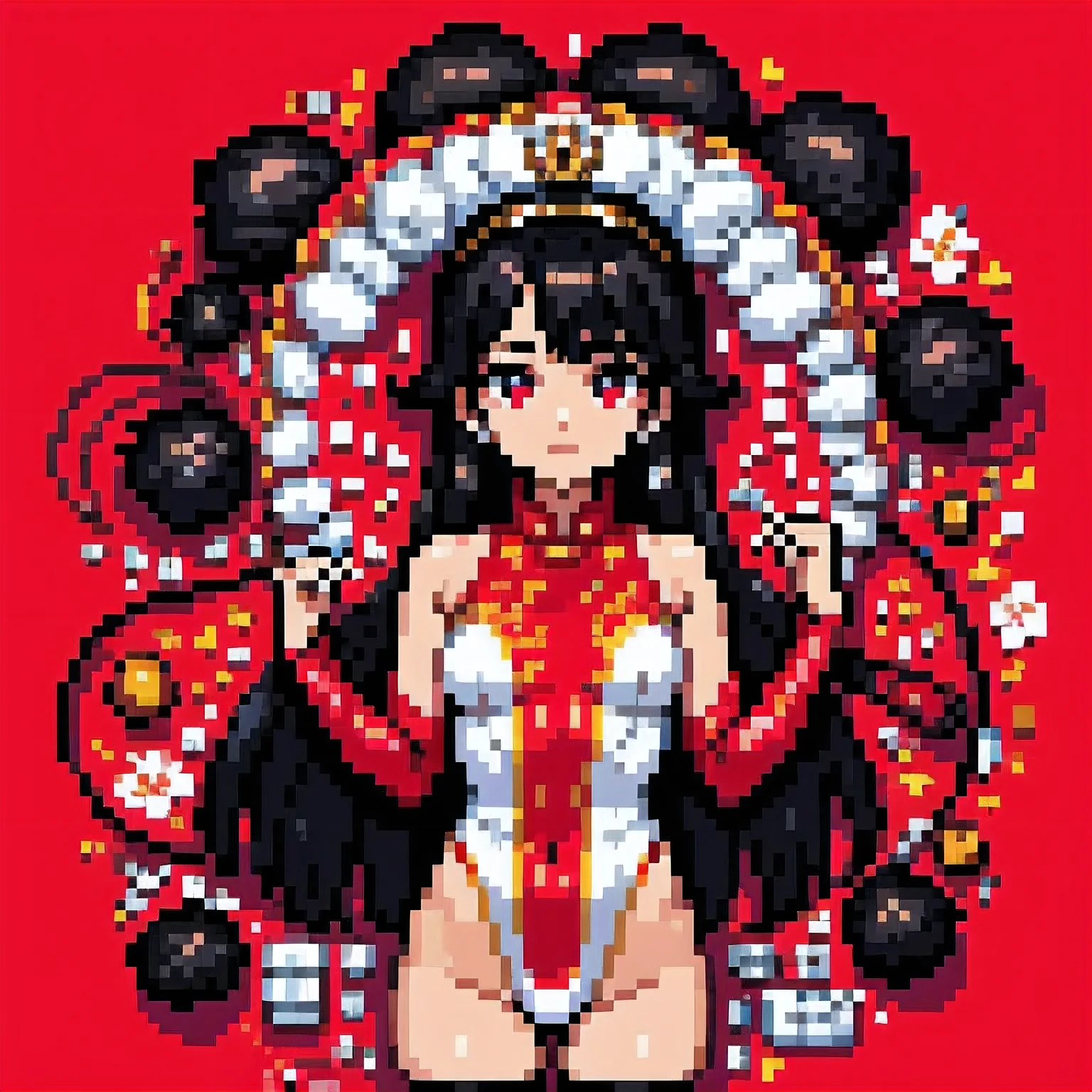 (8-bit pixel art style) (solo:2, 18 yo), (immensely beautiful sadist girl)(hime cut;1.6, beautiful black hair long hair) (beautiful smile) (glossy lip, grin mouth) (big tits), in a detailed master princess red dress, break, background white, BREAK, perfect anatomy, masterpiece, best quality, beautiful detailed 8-bit pixel, daydreaming expression.