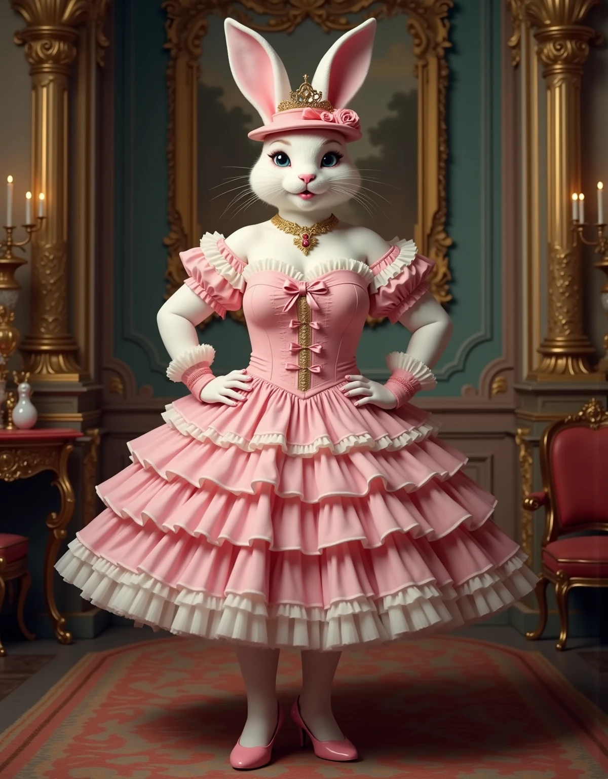 photorealistic portrait of Dressed animals-a (fat) ((angora rabbit)) dancer,(furry), (elegant pose:1.5), (hands on hips:1.5),(smile:1.5),high quality,(happy),(lovely) ,intricate details, Wearing bustier, (), highly detailed ((bustier)) ,highly detailed decorations of clothes, Fishnet panty horse , (happy), soft lighting,(full body image:2.0),luxury hotel room background,(high heels),