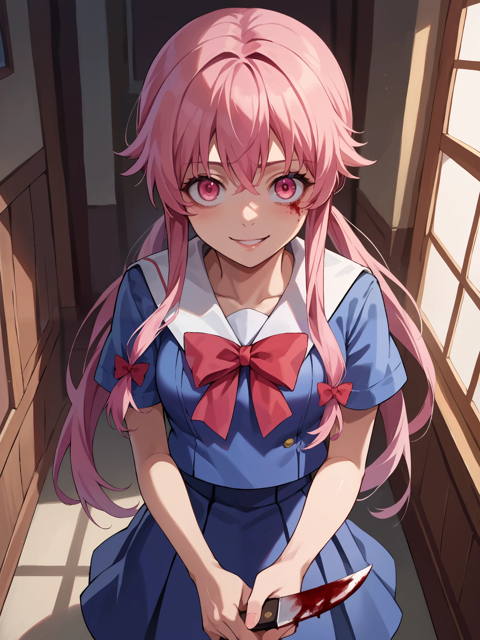 score_9, score_8_above, score_7_above, source_anime, 1 , alone, Yuno Gasai, long hair, pink eyes, pink hair, to smile, Short twins , sailor uniform, white sailor collar , short sleeves , shirt, blue shirt, skirt, blue skirt, bow, bowtie, red bowtie, blood, bloodstained, evil eyes, holding a knife , evil look , looking at you , interior, Dark night best quality best effects best shadows best 8k lighting