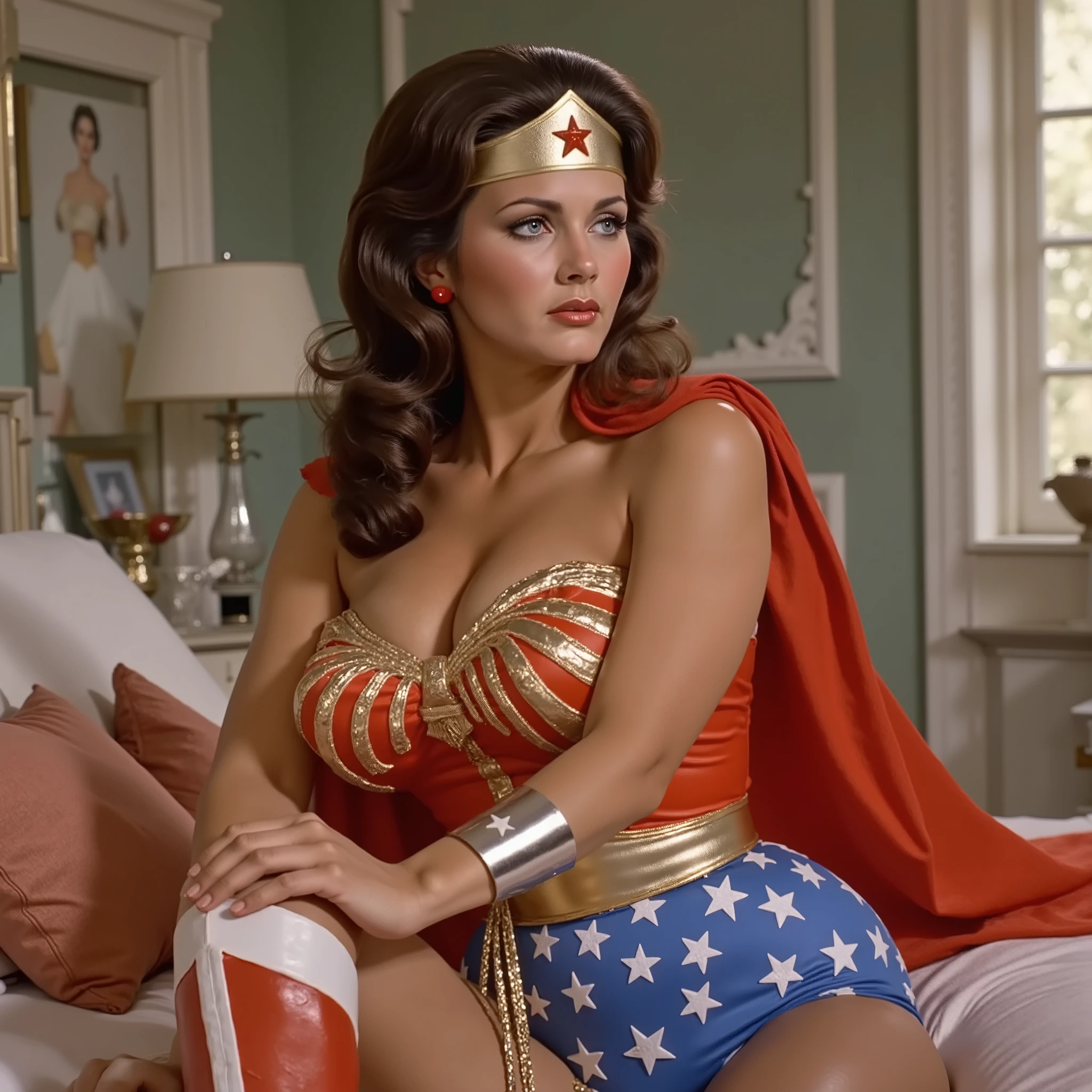 A SEXY LYNDA CARTER AS THE ICONIC 1960 WONDER WOMAN, WEARING A SPANDEX WONDER WOMAN COSTUME, SPANDEX PATRIOTIC BLUE SKIRT. A RED PATRIOTIC WONDER WOMAN CAPE, RED WONDER WOMAN BOOTS. HER GOLDEN LASSO ATTACHED TO THE SIDE OF HER HIP. CRYSTAL CLEAR ART, CELAN CRISP ART, 4K, 8K, MILLIONS OF TEXTURES AND DETAILS.PASSED OUT IN BED.