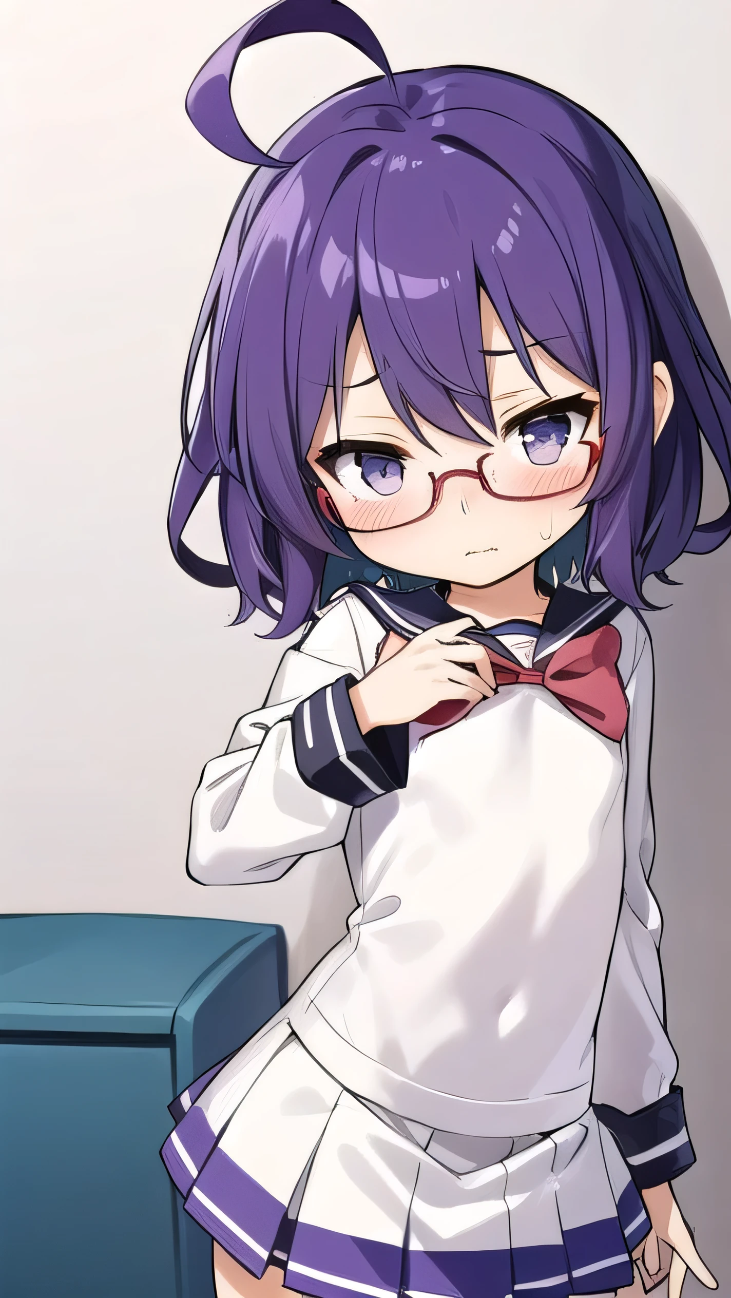 (Purple hair:1.4), gray eyes, white , navy blue miniskirt, , short, short long hair, kind expression, shy, almost no breasts, slightly exposed. hair,(flipped hair ), flipped hair, long sleeves, ahoge, girl alone, flipped hair, flipped hair, flipped hair, flipped hair, glasses with no edges, embarrassed, flat chest,(skirt lift :1.4), (pull down pantie:1.5), , (pussy are visible:1.7),tearful