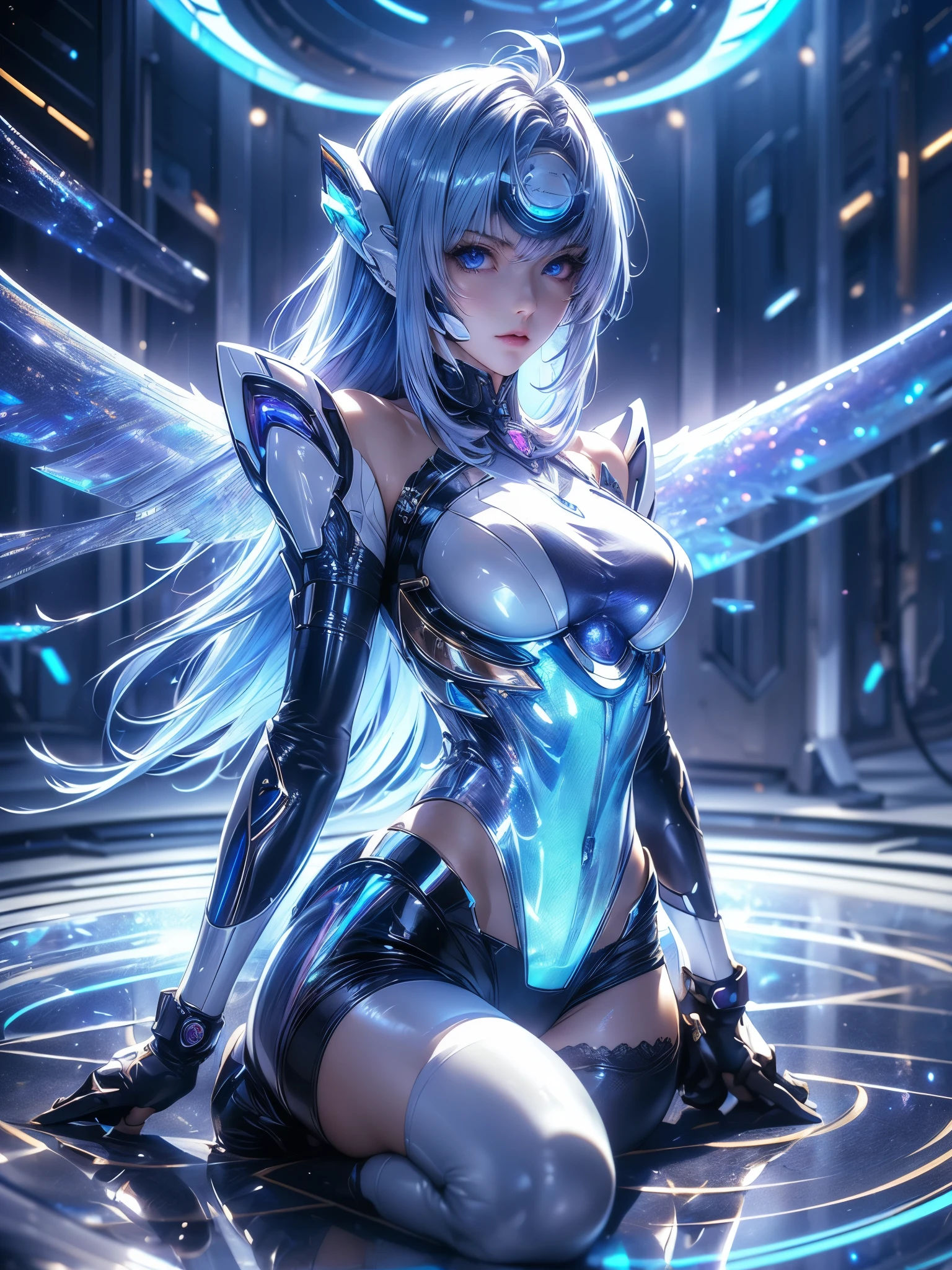 photographic image of a beautiful woman standing pearly light of her full body in ultra fine and detailed illustration of her shining silhouette of a beautiful female archangel emitting divine and sacred light through an astral and galactic landscape,con su cabello largo y hermoso de color platinado,sus ojos ,su figura muy femenina,con un hermoso cuerpo irresistible, bolubles,pechos medianos en 38 c. (((in mini anguel armor in gold and silver))), (((demonic magic sword, legendaria sagrada en color rojo traslucido))), con llamas de fuego azul))), (((deidad fantasmal:1.9))), (((translucent:1.5))), neon lights reflecting on your body (light particles), colores vivos,en contraluz transparrentes, (((intense ethereal aura))debajo de su armadura(((Borderlands 3))), (((closeup))), (((urban city environment))), (((diffuse colors))), (((rgb))), (((ultra detailed illustration of a diffuse hallucinatory woman water spirit creature))), (((complex 3d projections of ghostly translucent f