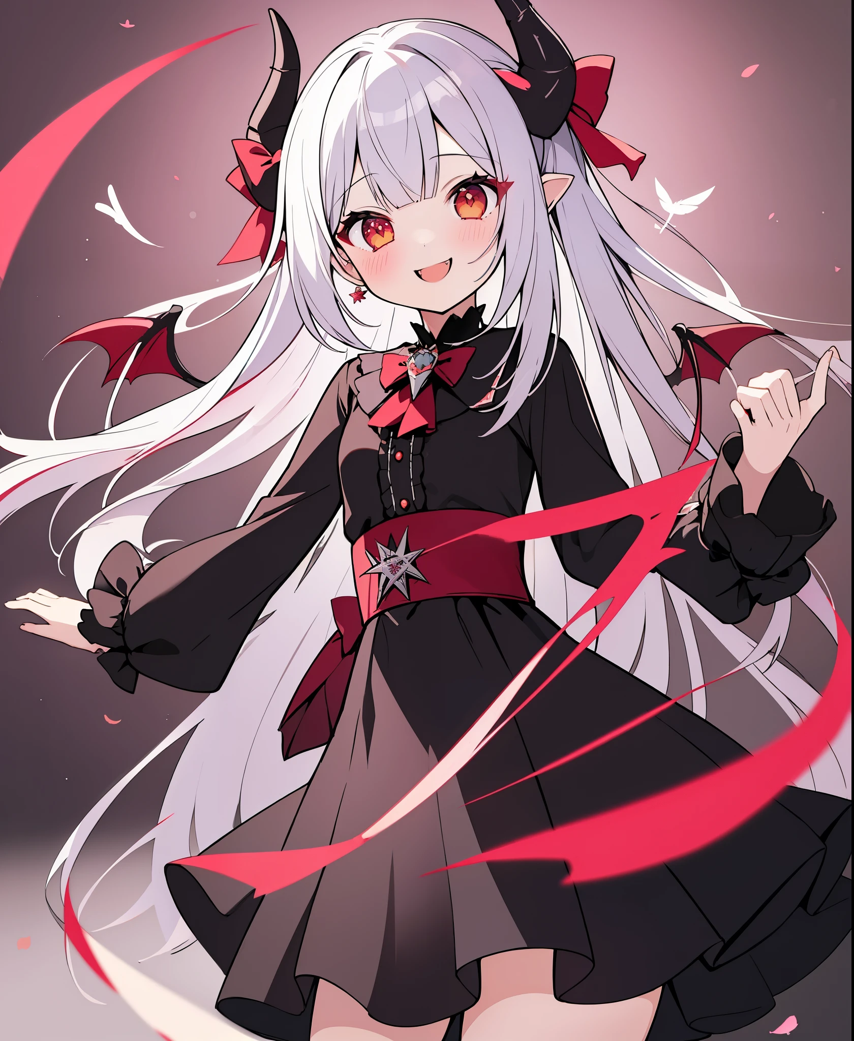 (8k、 Masterpiece、 Masterpiece、masterpiece) vampires、 black dress、Coolドレス、 Red Rose 、Rose、 Background Simple 、Demon World、 cute little、Cool、( 1 girl、Sickle、Satanic、feather) Silver Hair、pale skin 、 golden eyes 、Cat-like eyes、smile、そのsmileには何か狂気がある、(((( 1 girl))))( chibi)、Satanic、(((Satanic、 devil's wings))) hold a lemon in your hand double teeth