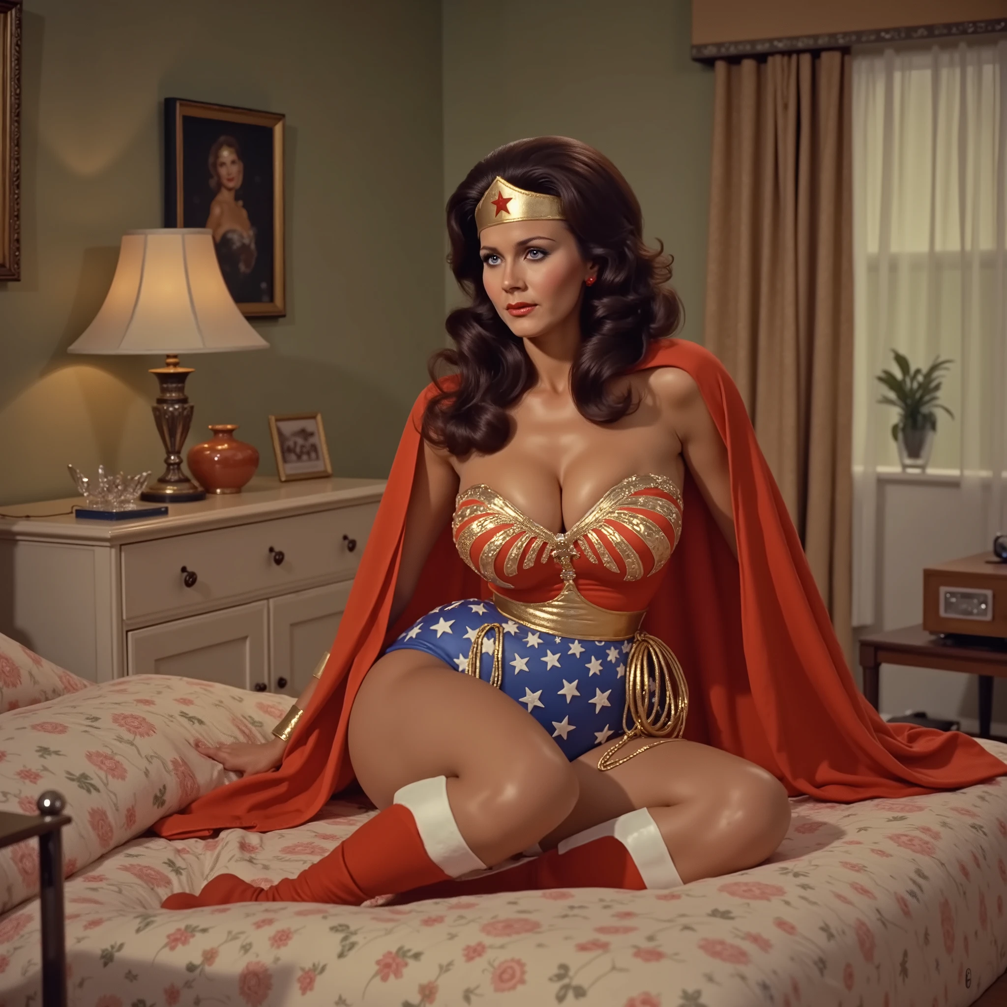 A SEXY LYNDA CARTER AS THE ICONIC 1960 WONDER WOMAN, WEARING A SPANDEX WONDER WOMAN COSTUME, SPANDEX PATRIOTIC BLUE SKIRT. A RED PATRIOTIC WONDER WOMAN CAPE, RED WONDER WOMAN BOOTS. HER GOLDEN LASSO ATTACHED TO THE SIDE OF HER HIP. CRYSTAL CLEAR ART, CELAN CRISP ART, 4K, 8K, MILLIONS OF TEXTURES AND DETAILS.PASSED OUT IN BED.