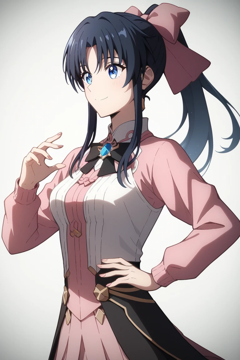 MC, 1girl, solo, portrait, close up, face, big breasts, hair ornament, short sleeves, blue dress, swept bangs, high collar, mechanical arms, ahoge, black gloves, perfect quality, good quality, masterpiece, HDR, UHD <lora:Maura Chester:0.7>