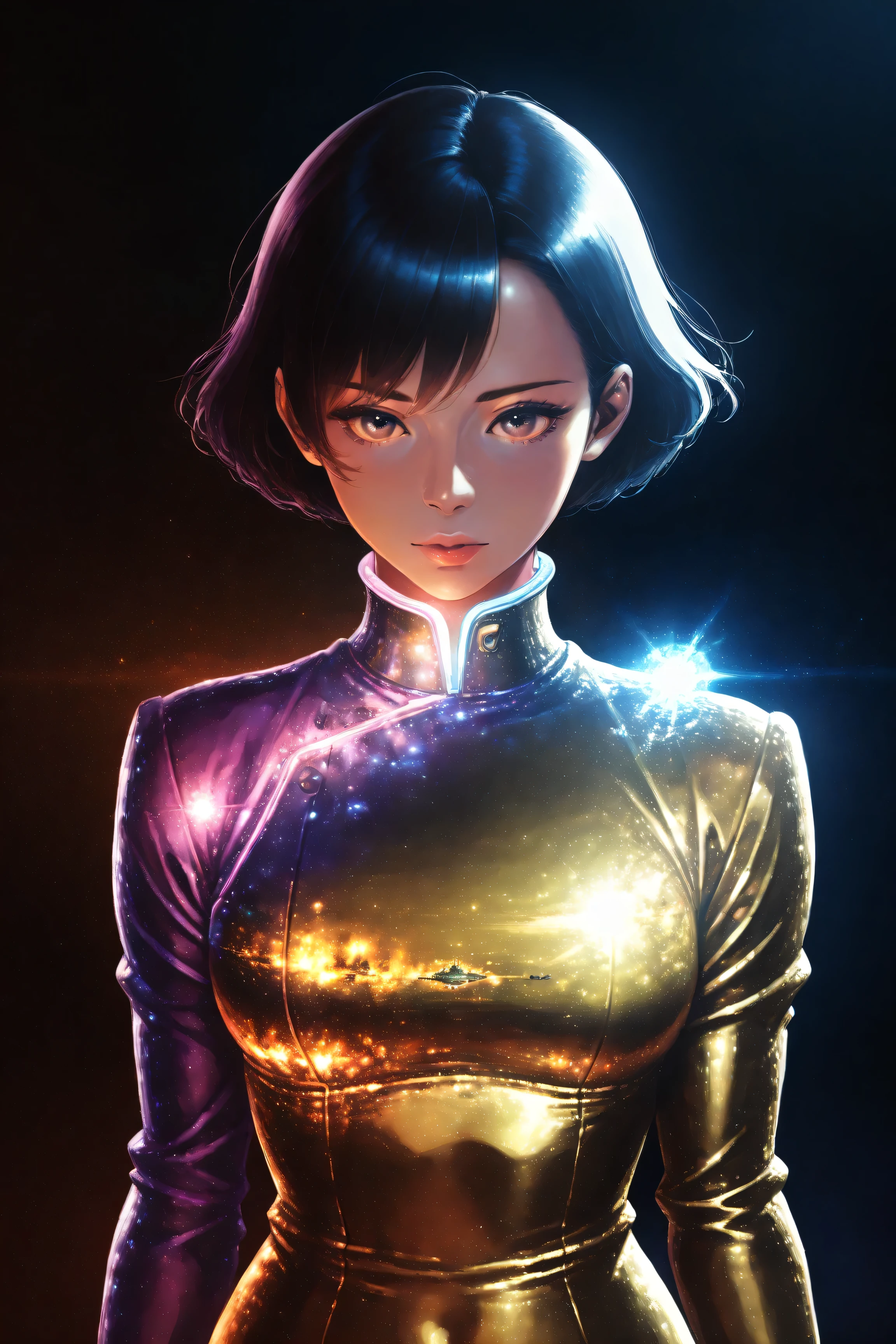 ((best quality)), ((masterpiece)), (detailed), perfect face, asian girl, surreal, sexy space clothes, in the illustrative style of moebius, spaceships, aliens, fantasy, sci-fi, graphic novel, line drawing, french retro,