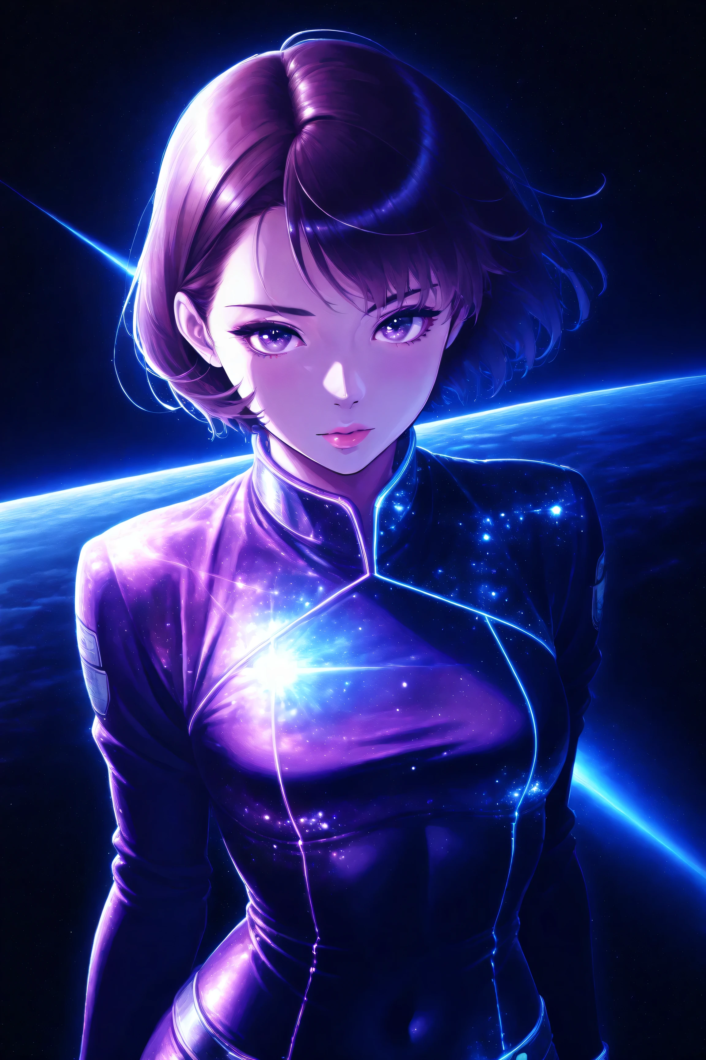 ((best quality)), ((masterpiece)), (detailed), perfect face, asian girl, surreal, sexy space clothes, in the illustrative style of moebius, spaceships, aliens, fantasy, sci-fi, graphic novel, line drawing, french retro,