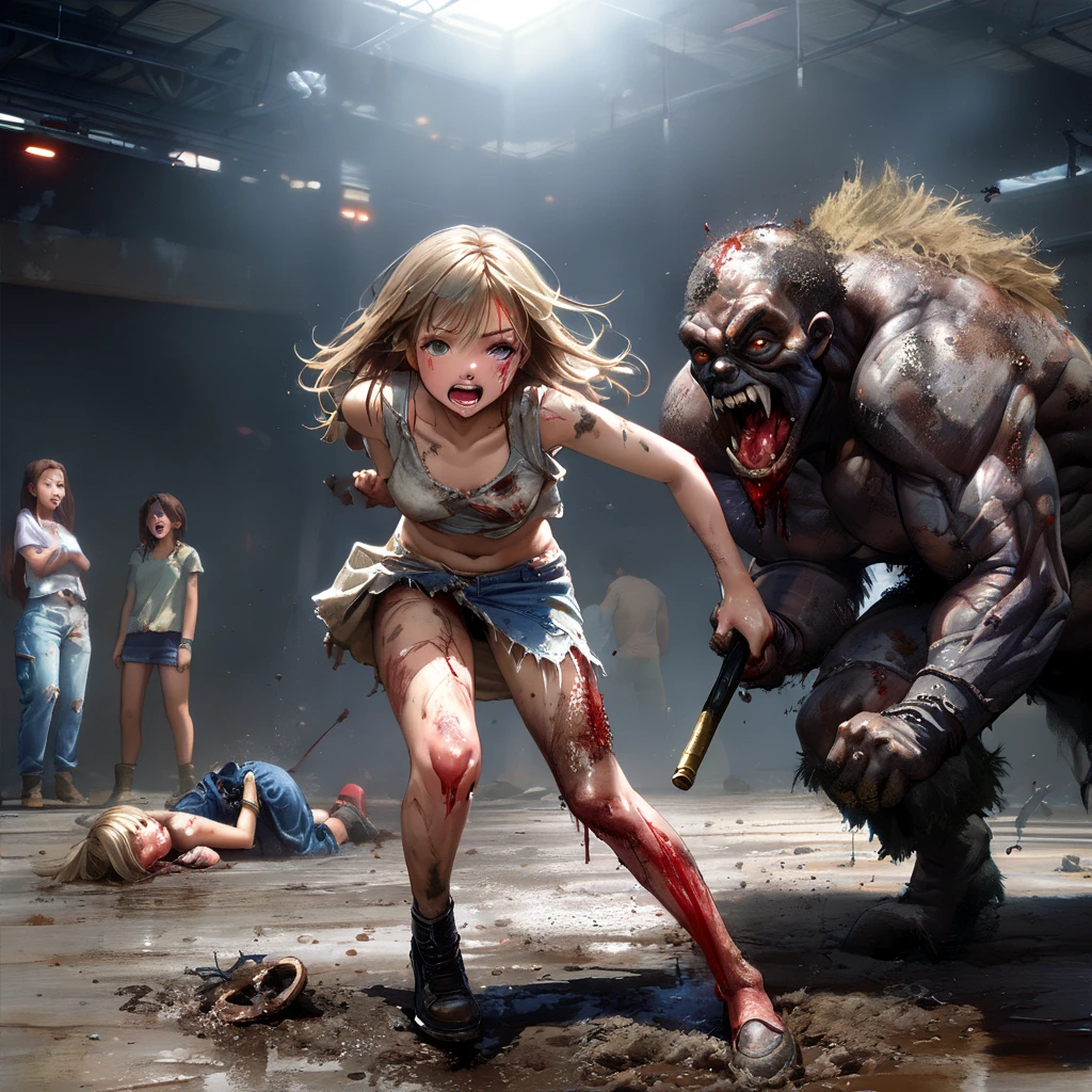 A brave couple fighting off zombies, surrounded by the undead, showcasing courage and determination."
