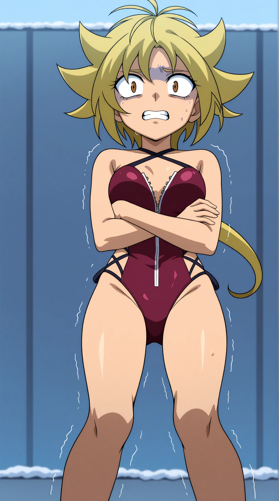 (masterpiece, 4K, Highest quality, anime style: 1.9, Detailed face, Lovely, bold, High resolution, anime,alone, Curvaceous, Very slim belly, Cowboy Shot, 1 girl,(Micro Bikini),View your viewers,Big Breasts,Bianca Whitaker,Dragon Quest V,Blonde,Braid,(((Underground Prison,handcuffs,first round,Constraints))),blush,Embarrassed face