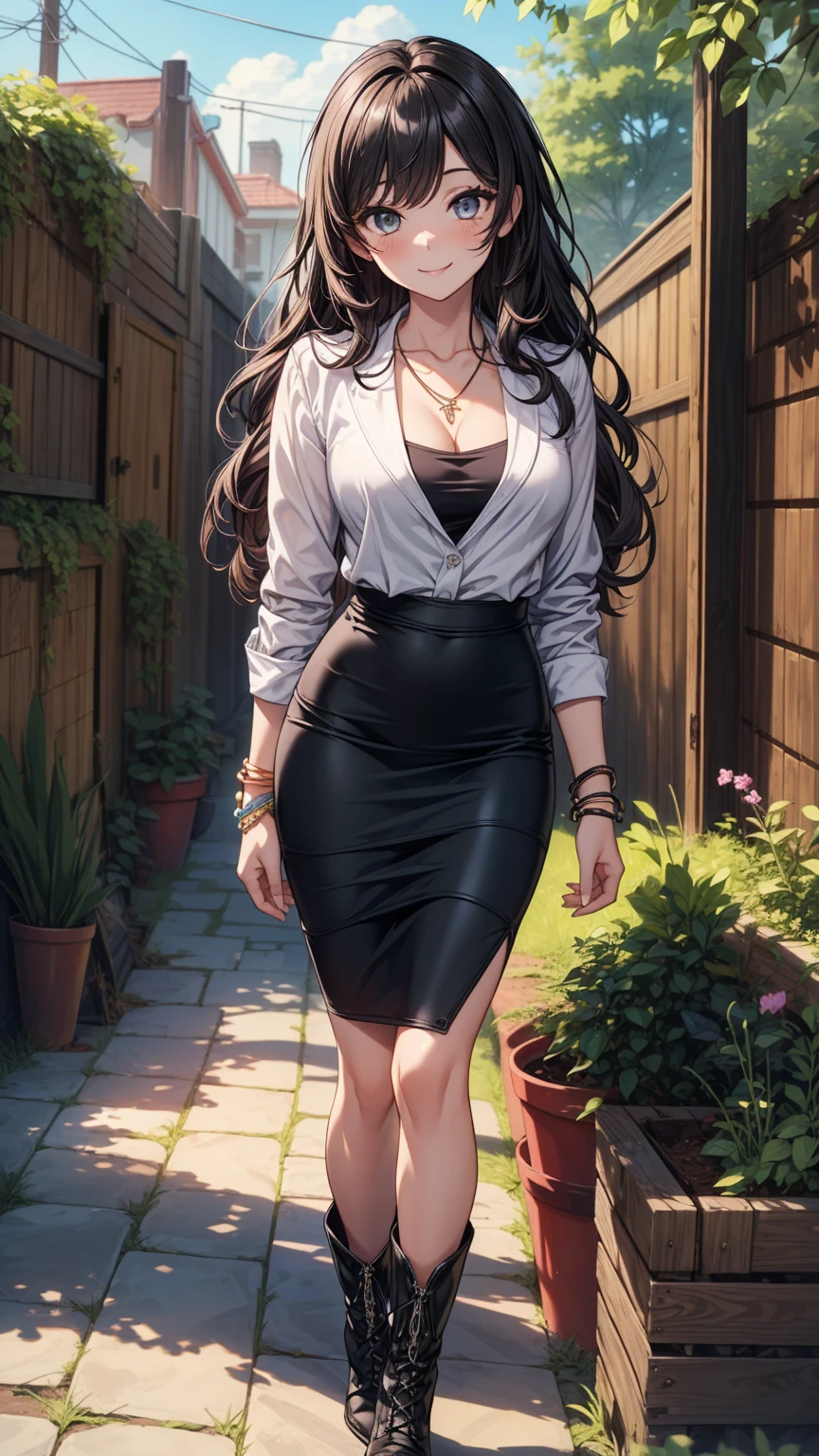 masterpiece, best quality, high detail, 1girl, beautiful woman, long wavy hair, burgundy hair, large bust, breasts, white button jacket, crop top, black midi pencil skirt, long pencil skirt, boots, collarbone, midriff, belly button, summer, garden, full body, looking at viewer, walking,