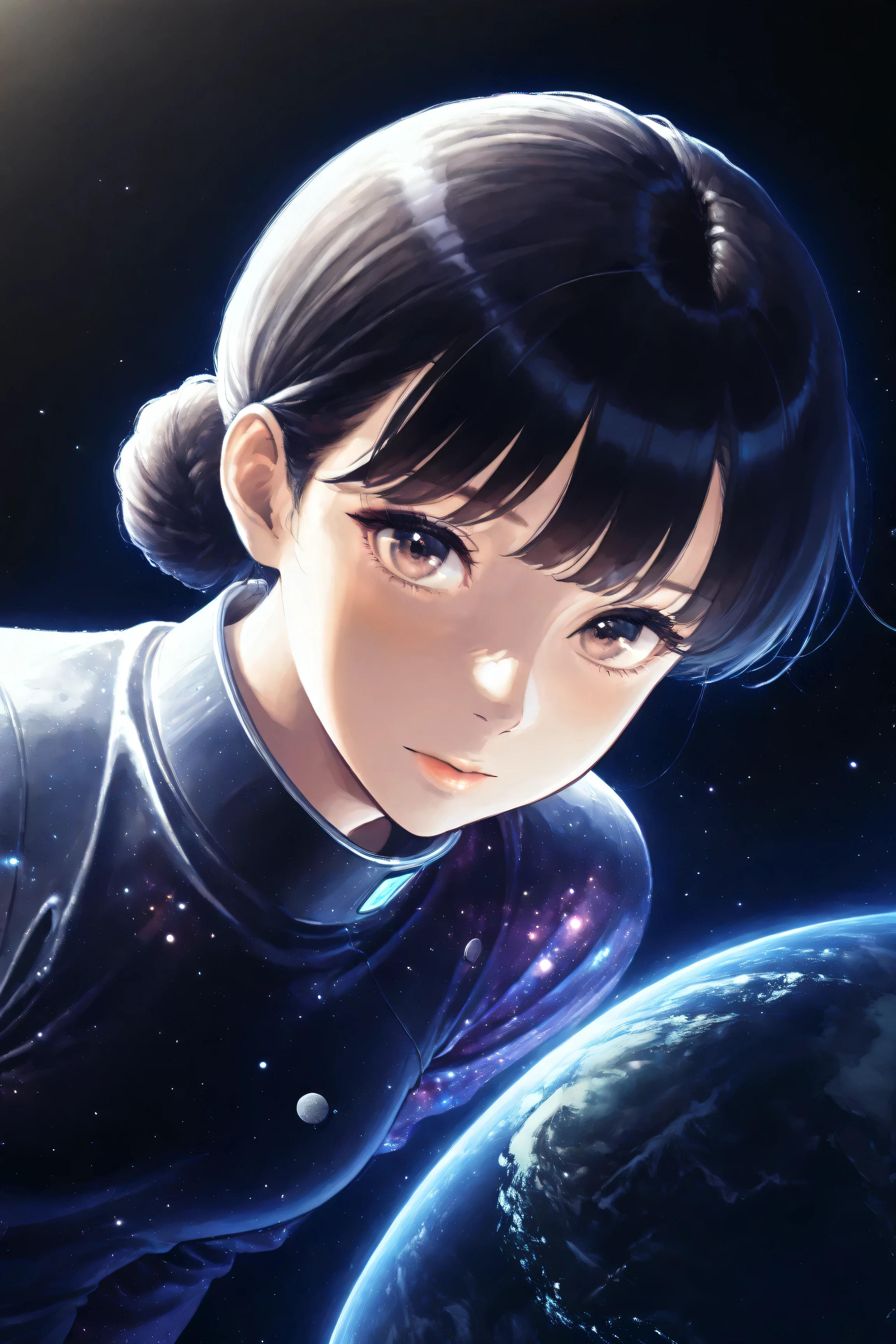 ((best quality)), ((masterpiece)), (detailed), perfect face, asian girl, surreal, sexy space clothes, in the illustrative style of moebius, spaceships, aliens, fantasy, sci-fi, graphic novel, line drawing, french retro,