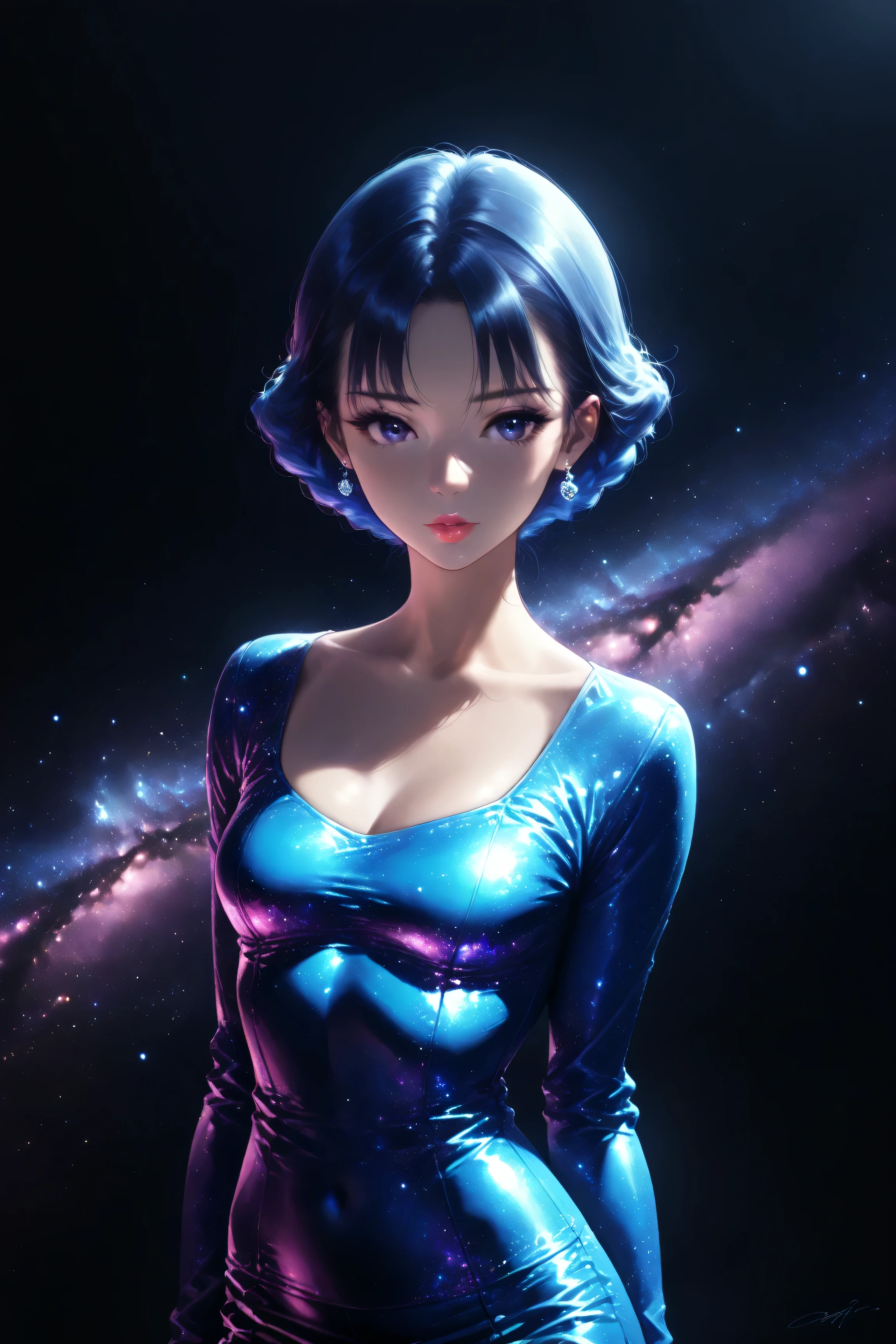 ((best quality)), ((masterpiece)), (detailed), perfect face, asian girl, elegant, demure, small breasts, blue hair, cleavage, surreal, sexy space clothes, in the illustrative style of moebius, spaceships, aliens, fantasy, sci-fi, graphic novel, line drawing, french retro,