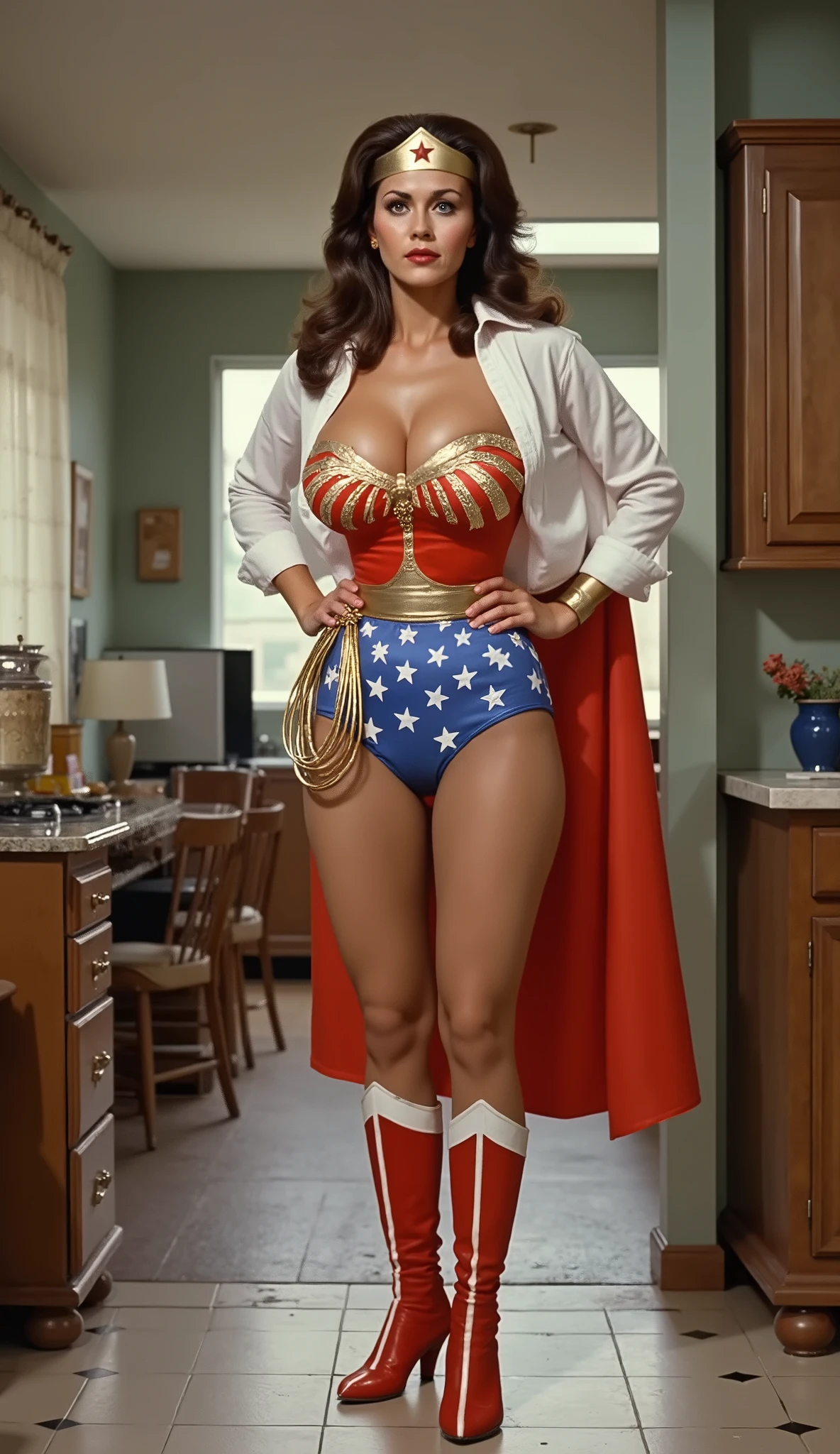 A SEXY LYNDA CARTER AS THE ICONIC 1960 WONDER WOMAN, RIPPIN OPEN HER WHITE BLOUSE WEARING A SPANDEX WONDER WOMAN COSTUME, SPANDEX PATRIOTIC BLUE SKIRT. A RED PATRIOTIC CAPE, RED WONDER WOMAN BOOTS. HER GOLDEN LASSO ATTACHED TO THE SIDE OF HER HIP. CRYSTAL CLEAR ART, CELAN CRISP ART, 4K, 8K, MILLIONS OF TEXTURES AND DETAILS RIPPED JEANS.