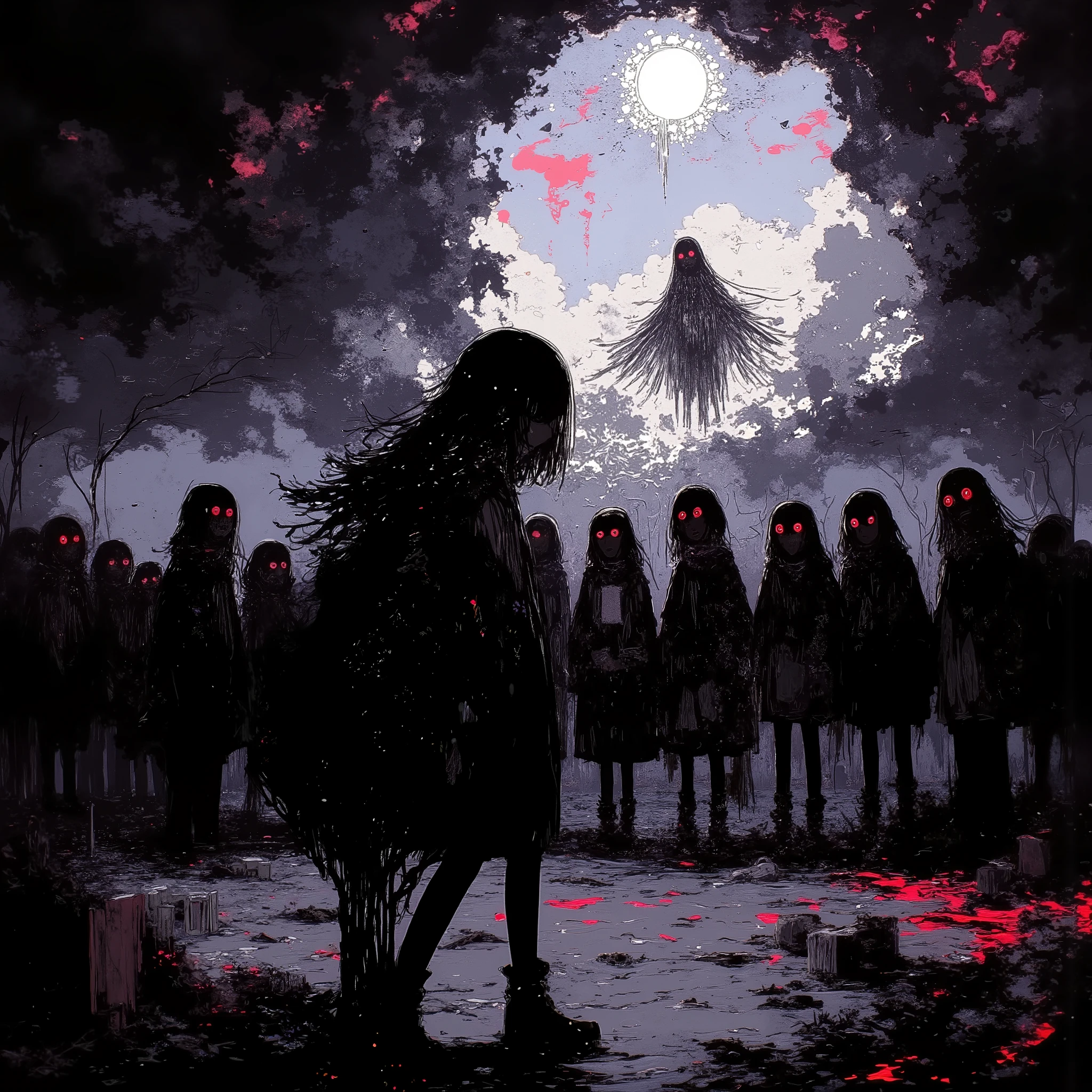   manga style digital illustration:1.5, broken sky  ,  Dramatic sky ,   Apocalyptic sky   ,  Конец lightа , Dark Clouds,  dramatic lighting,    creepy atmosphere   ,  movie, Dull color , sullen,  Dark, atmosphere ,  Complex cloud shapes  ,   textured clouds   , light,    volumetric lighting  ,   realistic, photo  realistic,  very detailed , 8 k,  masterpiece,  one girl standing in line alone 