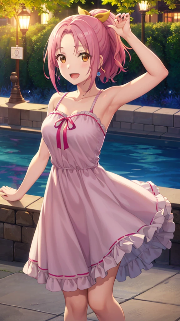 1 girl, kanon kanase, , blush, medium breasts, sleeveless,((stylish outfit,pink dress)), sitting, 20-year-old, healthy skin. Upper_body.