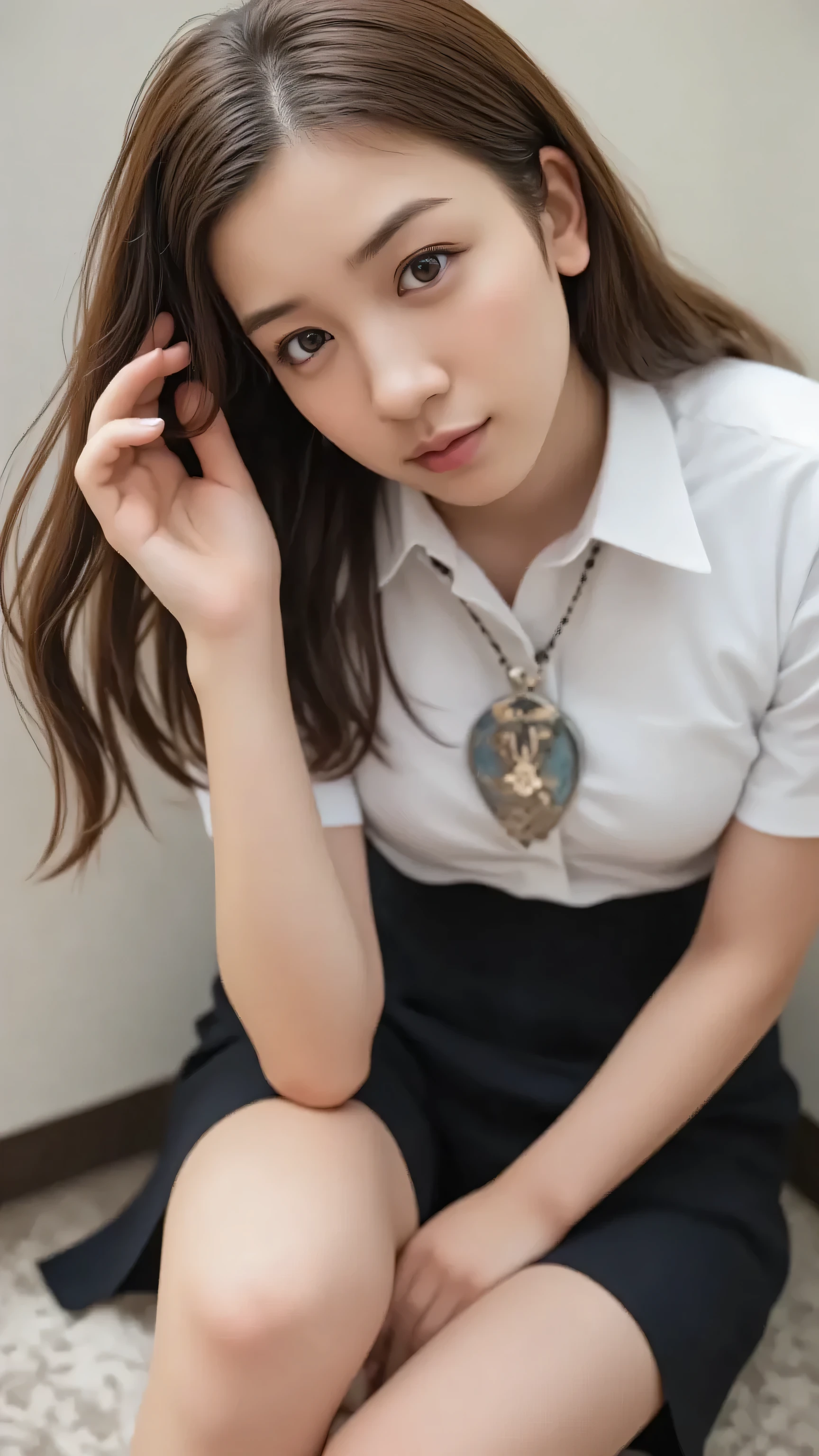 detailed face , cute face, 18 year old woman, long hair, RAW Photo , Bokeh ( realism: 1.4, exist), high-resolution CG integrated 8K wallpaper , one girl, ( high quality スキン: 1.4), 8K ultra HD , DSLR , Soft light, high quality , film grain, I like Fujifilm XT3 、((Super long brown hair reaching to her waist:1.4)),((Hair with loose waves inside:1.4)),((From an oblique angle above:1.5)),((Women's business suit:1.5)), ((sitting in the office and working at the desk:1.4))((shy smile:1.5))((gold necklace_Large earrings:1.2)),((run her fingers through her hair:1.5))))