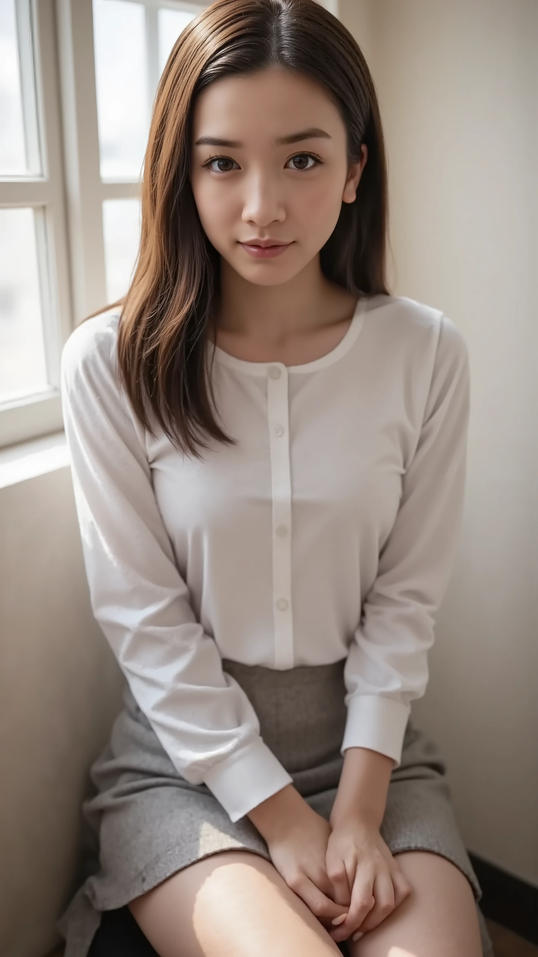    detailed face ,    cute face,  18 year old woman,    long hair,    RAW Photo  , Bokeh (   realism: 1.4,   exist),    high-resolution CG integrated 8K wallpaper   ,    one girl,  (   high quality スキン: 1.4),    8K ultra HD  ,    digital SLR   , Soft light,    high quality ,    film grain,    I like Fujifilm XT3  、((Super long brown hair reaching to her waist:1.4)),((Hair with loose waves inside:1.4)),((From an oblique angle above:1.5)),((Women's business suit:1.5)), ((sitting in the office and working at the desk:1.4))((shy smile:1.5))((gold necklace_Large earrings:1.2)),((run her fingers through her hair:1.5))))