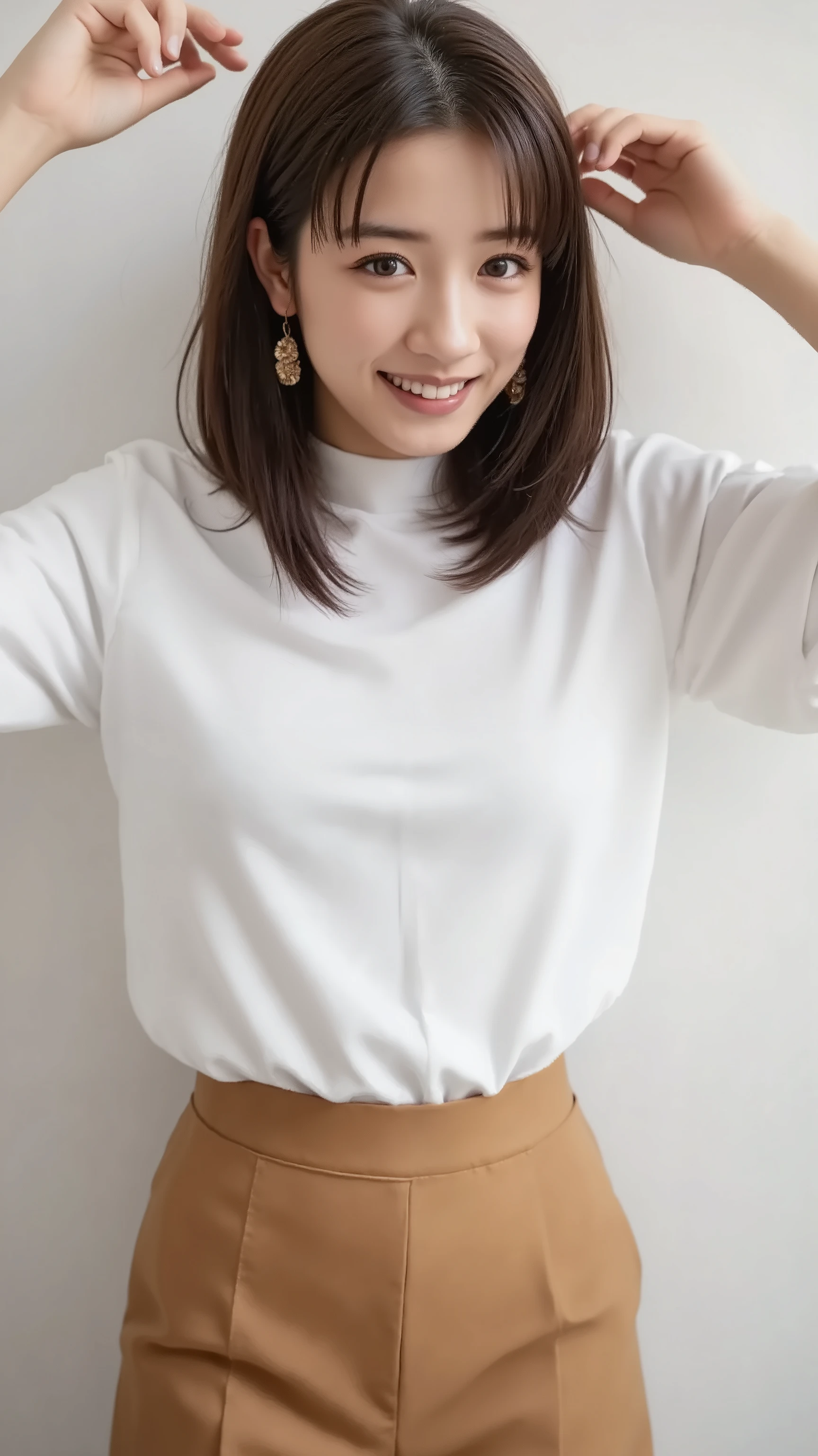 detailed face , cute face, 18 year old woman, long hair, RAW Photo , Bokeh ( realism: 1.4, exist), high-resolution CG integrated 8K wallpaper , one girl, ( high quality スキン: 1.4), 8K ultra HD , digital SLR , Soft light, high quality , film grain, I like Fujifilm XT3 、((Super long brown hair reaching to her waist:1.4)),((Hair with loose waves inside:1.4)),((From an oblique angle above:1.5)),white long sleeve button up blouse_brown pleated mini skirt、((shy smile:1.5))((gold necklace_Large earrings:1.2)),((run her fingers through her hair:1.5))))