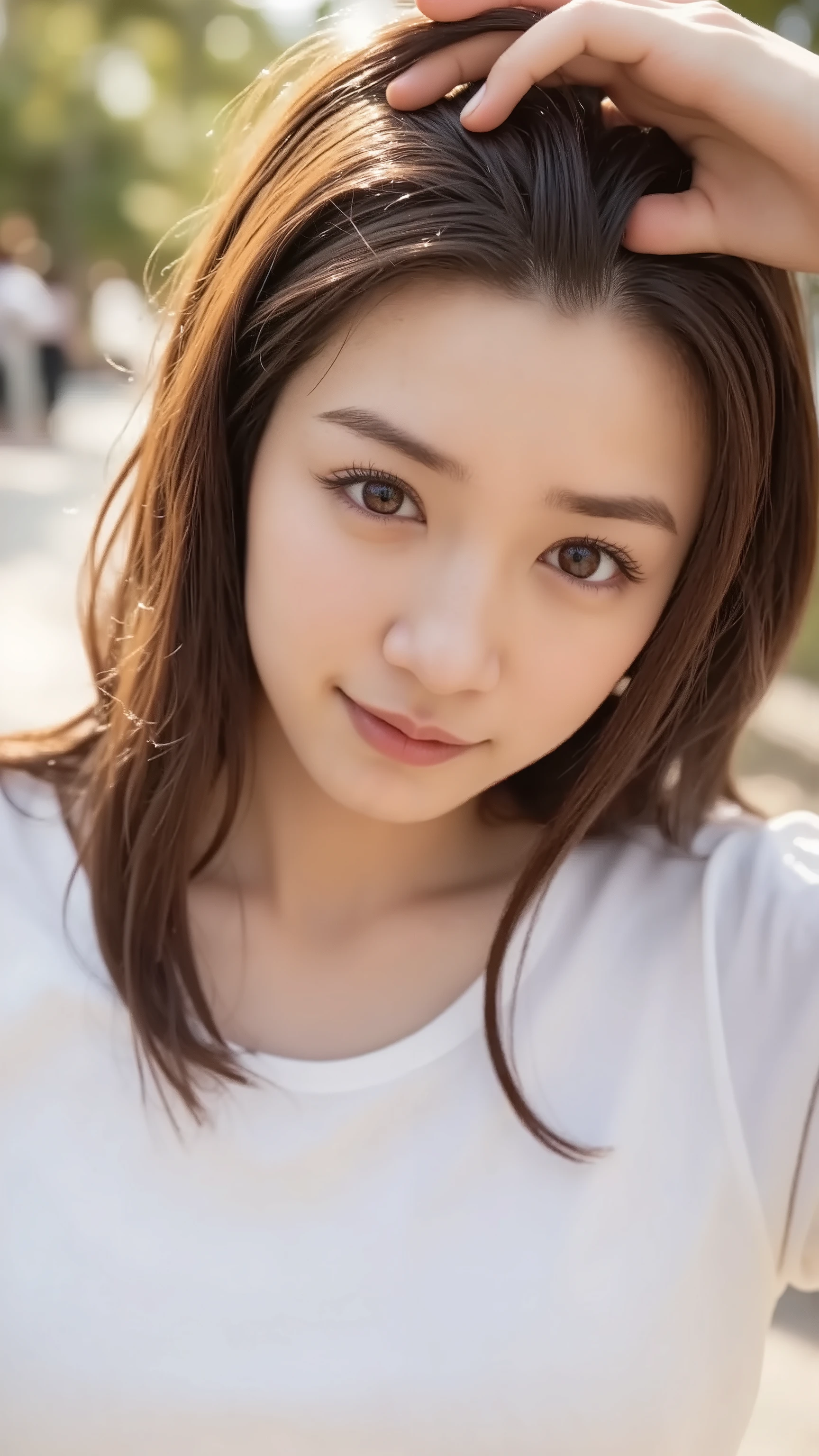    detailed face ,    cute face,  18 year old woman,    long hair,    RAW Photo  , Bokeh (   realism: 1.4,   exist),    high-resolution CG integrated 8K wallpaper   ,    one girl,  (   high quality スキン: 1.4),    8K ultra HD  ,    DSLR   , Soft light,    high quality ,    film grain,    I like Fujifilm XT3  、((Super long brown hair reaching to her waist:1.4)),((Hair with loose waves inside:1.4)),((From an oblique angle above:1.5)),white long sleeve button up blouse_brown pleated mini skirt、((shy smile:1.5))((gold necklace_Large earrings:1.2)),((run her fingers through her hair:1.5))))