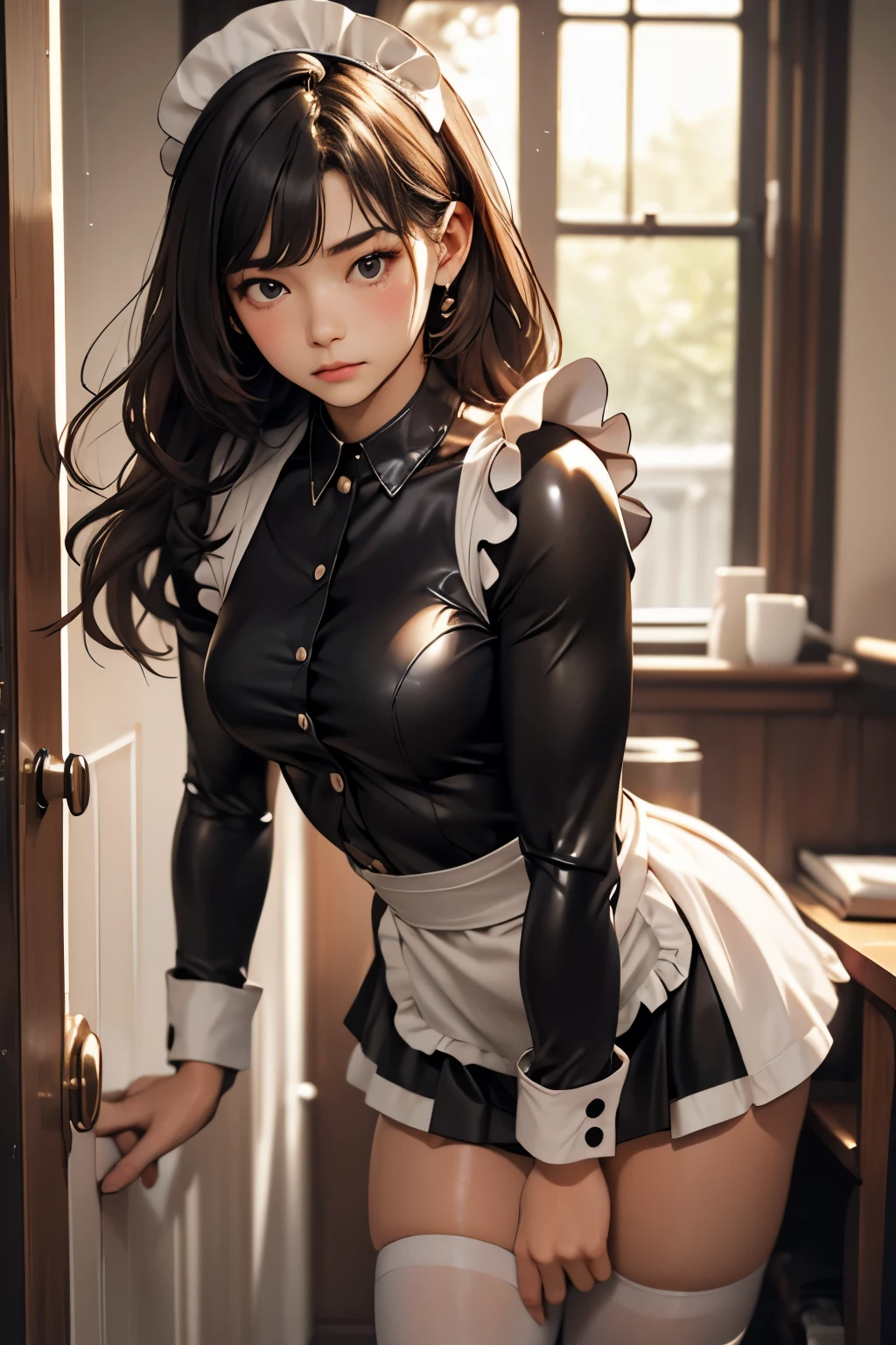 Anime girl in uniform with skirt and stockings standing in a room., hiperrealista , lindosexyrobutts, hermosa chica anime en cuclillas, chica anime seductora, backlit, estilo anime ecchi, agachado, cyber Chica de escuela, Chica de escuela, (SFW) seguro para el trabajo, anime mucama ss militar
