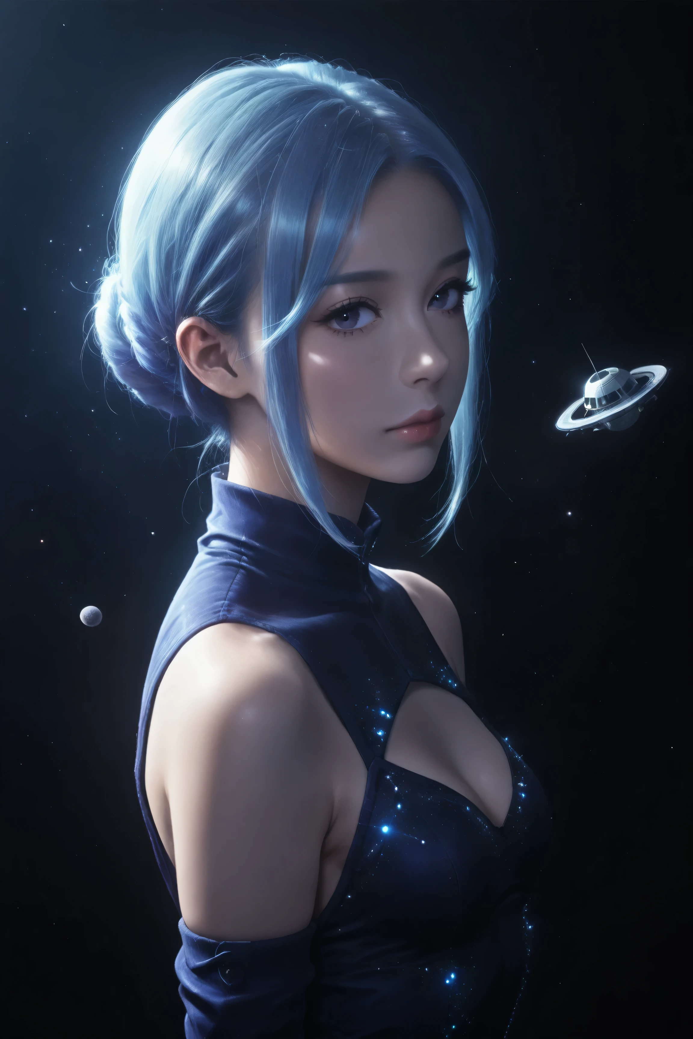 ((best quality)), ((masterpiece)), (detailed), perfect face, asian girl, elegant, demure, small breasts, blue hair, cleavage, surreal, sexy space clothes, in the illustrative style of moebius, spaceships, aliens, fantasy, sci-fi, graphic novel, line drawing, french retro,
