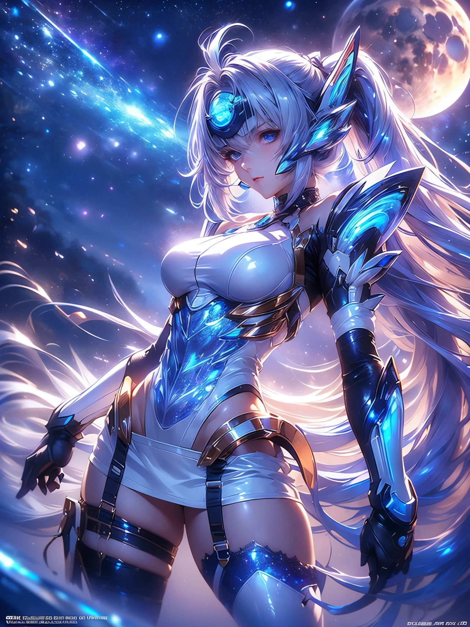 Full body KOS-MOS , score_9, score_8_Excellent, score_7_Excellent, 32K ,Detailed Depiction )(( highly detailed CG integration ), CGSoation Trends、 Super Real Highly Detailed Faces 、Bluish purple hair、 straight hair, SHINY AND CLEAN HAIR 、 White Shiny Skin 、 sexy cyberpunk girl 、 fiberglass 、Light emitting tube、(( Dark blue eyes :1.4, Clear Eyes, A board with detailed eyes , beautiful eyelashes ))、Neon Details、 Mechanical Hands 、 mechanical spine attached to the back、mechanical neck worn around the neck 、 head 、 Space Background Radiation 、 rat path section、white latex hi-leg leotard(( Valkyrie ))、(( standing+Combat Stance)),(( sexy model pose ))、(( Dramatic Graphic Backdrop :Starry Sky , Blue giant moon 、White Moonlight , dynamic background))(( top quality)),( ultra high resolution),( Super Detail) Camel Toes:1.4)), high heels,cowboy shot, , bed Invitation Position Open Thigh M shaped legs