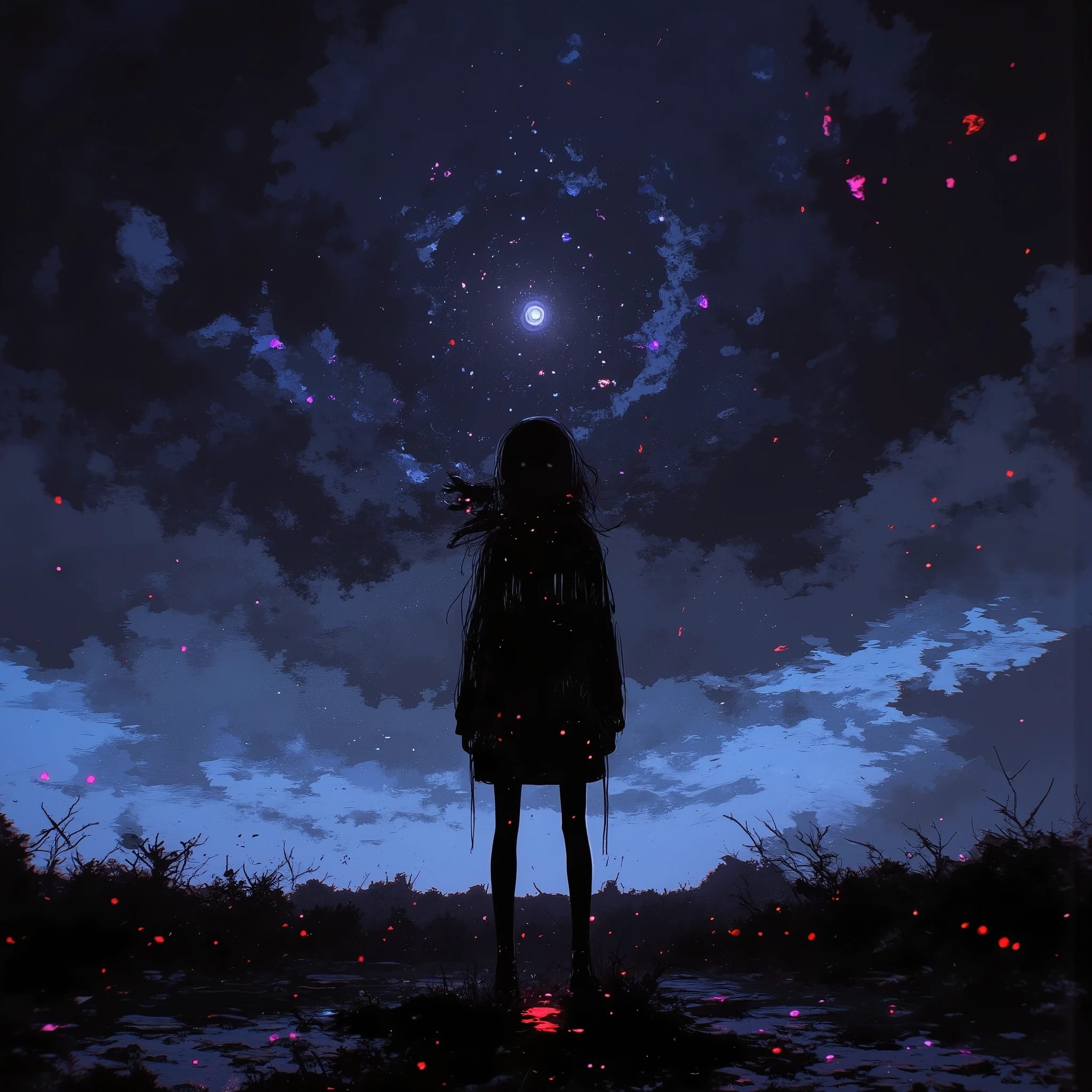   manga style digital illustration:1.5, broken sky  ,  Dramatic sky ,   Apocalyptic sky   ,  Конец lightа , Dark Clouds,  dramatic lighting,    creepy atmosphere   ,  movie, Dull color , sullen,  Dark, atmosphere ,  Complex cloud shapes  ,   textured clouds   , light,    volumetric lighting  ,   realistic, photo  realistic,  very detailed , 8 k,  masterpiece,  one girl standing in line alone 
