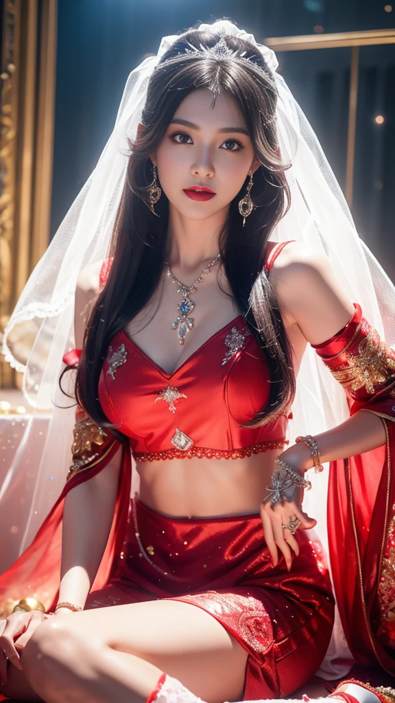 4K, UHD, masterpeice, 1 girl, good face, happy face, ((white skin)), detailed eyes, detailed lipstick, very long hair, straight hair, very long hair, beautiful hair, hair ornaments, hairband, gradient hair, ((red stocking)), ((princess clothing)), ((decorated clothing)), ((sardine)), ((sparkle clothing)), ((red lace)), ((diamond bracelet)), ((pendant)), navel, ((ornaments:1.5)), necklace, earring, high lighting, ((in the wedding stage)), fujicolor, depth of field, ray tracing, ultra realistic detailes, standing with the wall,