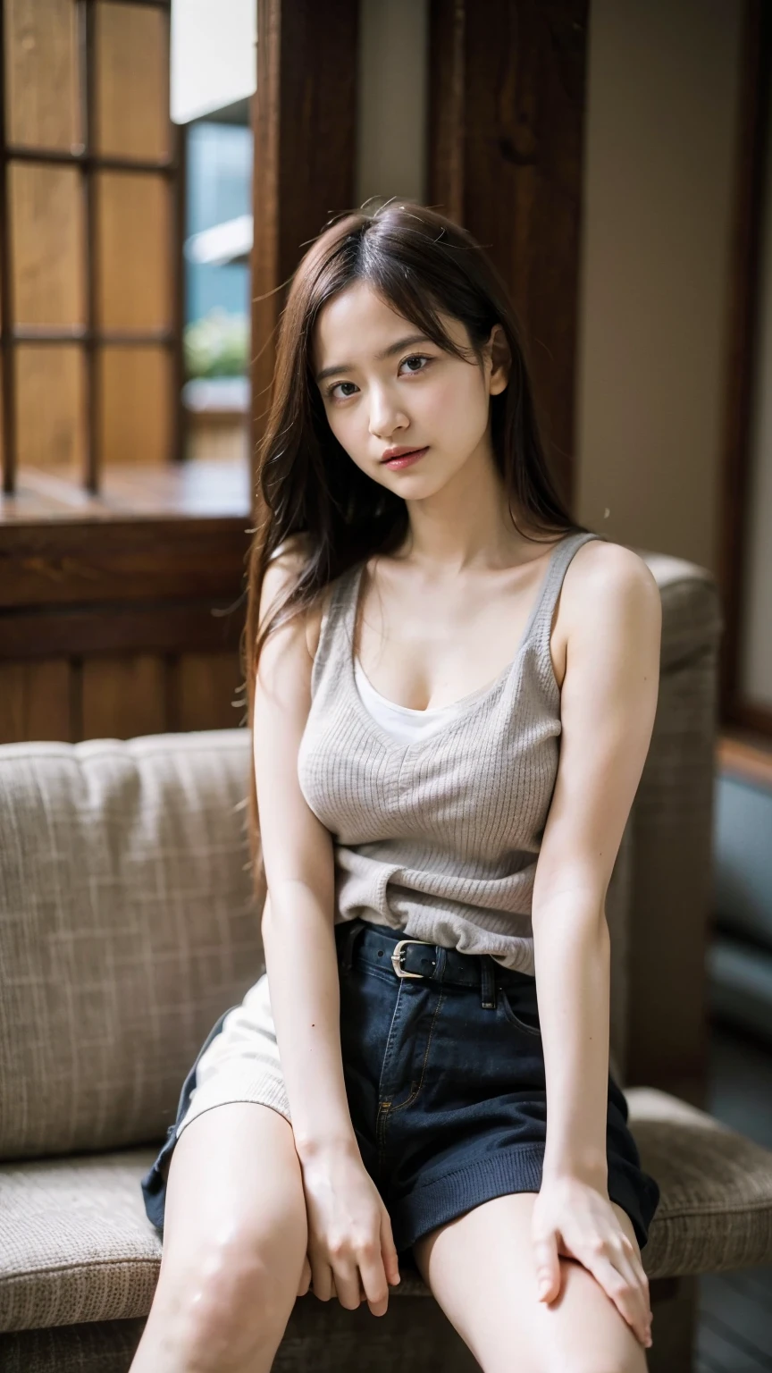 （lifelike， high resolution：1.3）， 1 girl with a perfect figure， The face shape and eyes are super beautiful，Long hair， Random color vest：1.2， Short jeans， Big boobs，Baogou
