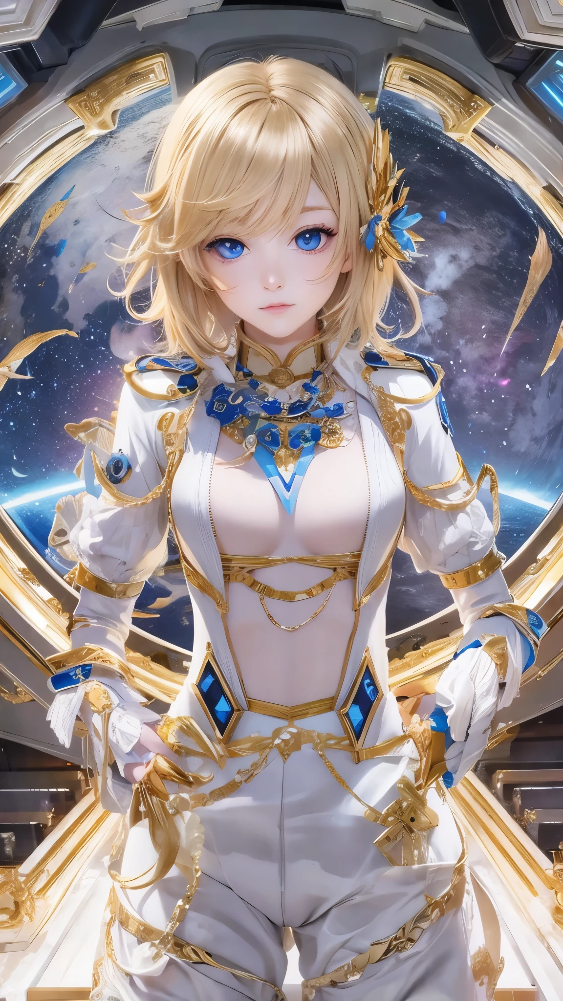 Young blonde anime, aesthetic body, dark blue eyes, wearing white clothes with blue details, in a spaceship, with gold necklace