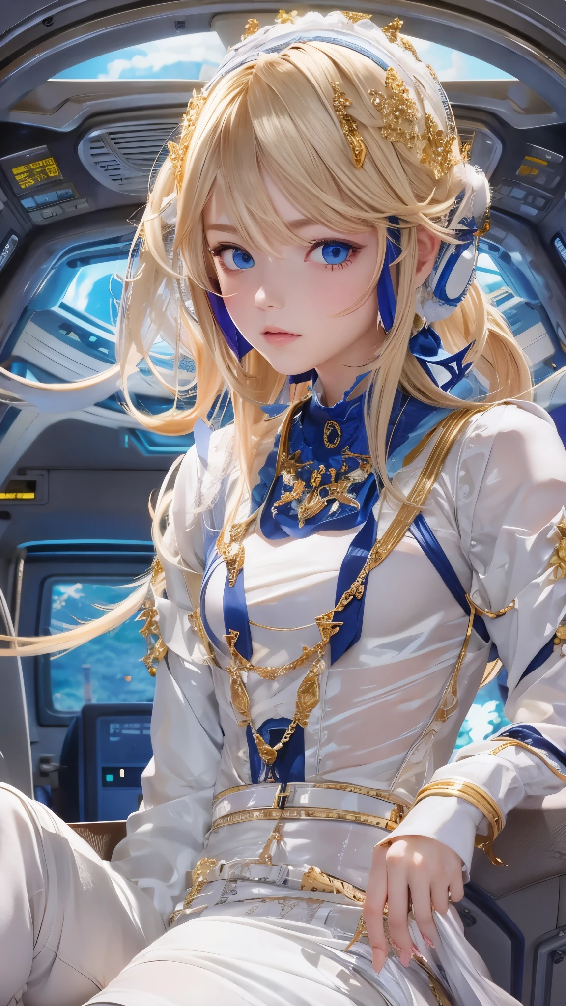 Young blonde anime, aesthetic body, dark blue eyes, wearing white clothes with blue details, in a spaceship, with gold necklace