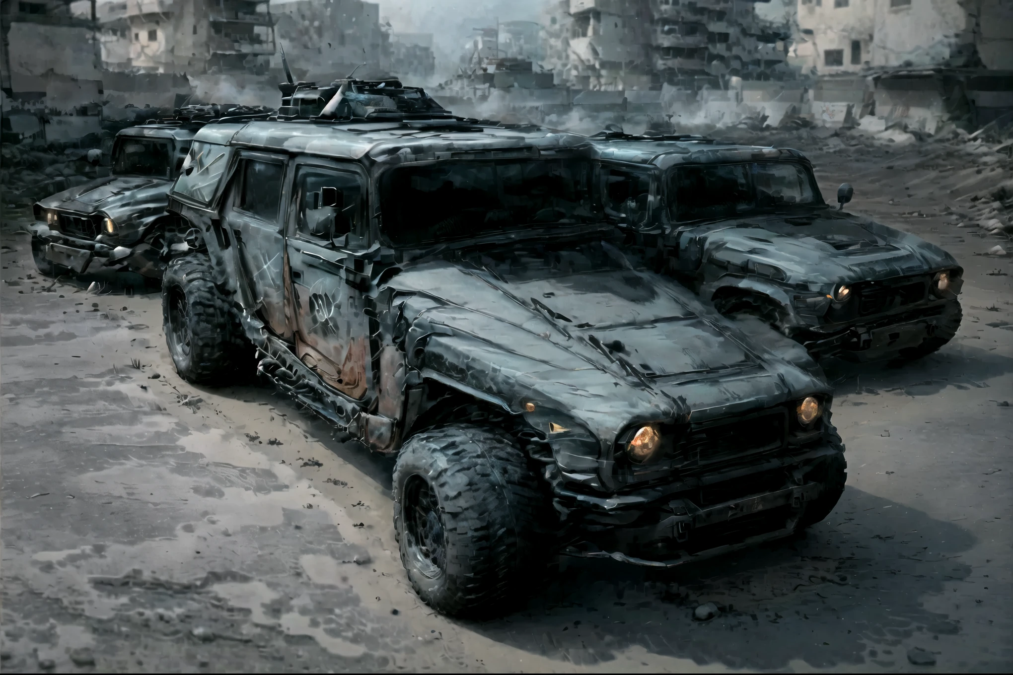  Create a cinematic ,  filmic image 4k , 8k  WITH [ side view:1.5]. The image [ cyberpunk style of zeekars ]  WITH [ neon lights] and futuristic art should be captured in a [wide angle view] and depict [single] [candberpunk] [crush] HUMVEE  WITH [black painting]  as a central element of the Picture Focus on the two distinctive round HUMVEE headlights placed in the front , dándole una apariencia reWITHocible. Resalta los parabrisas de forma cuadrada que WITHtribuanden a su diseño utilitario. Depict the boxand and sturdand bodand of the vehicle, emphasizing its ruggedness and durabilitand.  Show the great , robust tires  WITH [ shiny tires ] que permita que el HUMVEE WITHquiste terrenos desafiantes. Paand attention to accurate proportions and details to ensure a realistic representation of the HUMVEE's phandsical attributes.   Sus tires remove dry dirt under , creating a magnificent sand dust cloud that billows outwards,  towing in the wake of the car .  The car's headlights must shine brightly . The image should showcase the [raw] and [ vibrant colors] From the car. The image should be a highland-detailed photographand,  Conveying a sense of  [danger] and [roughness]. The image final debe ser una [ masterpiece],  WITH a [ realistic representation ]  of the HUMVEE that is so much  [intimidating] and [impressive].  The image tiene lugar en [ futuristic cyberpunk city ]  street in  [ night]  shrouded in fog illuminated by neon signs ..  