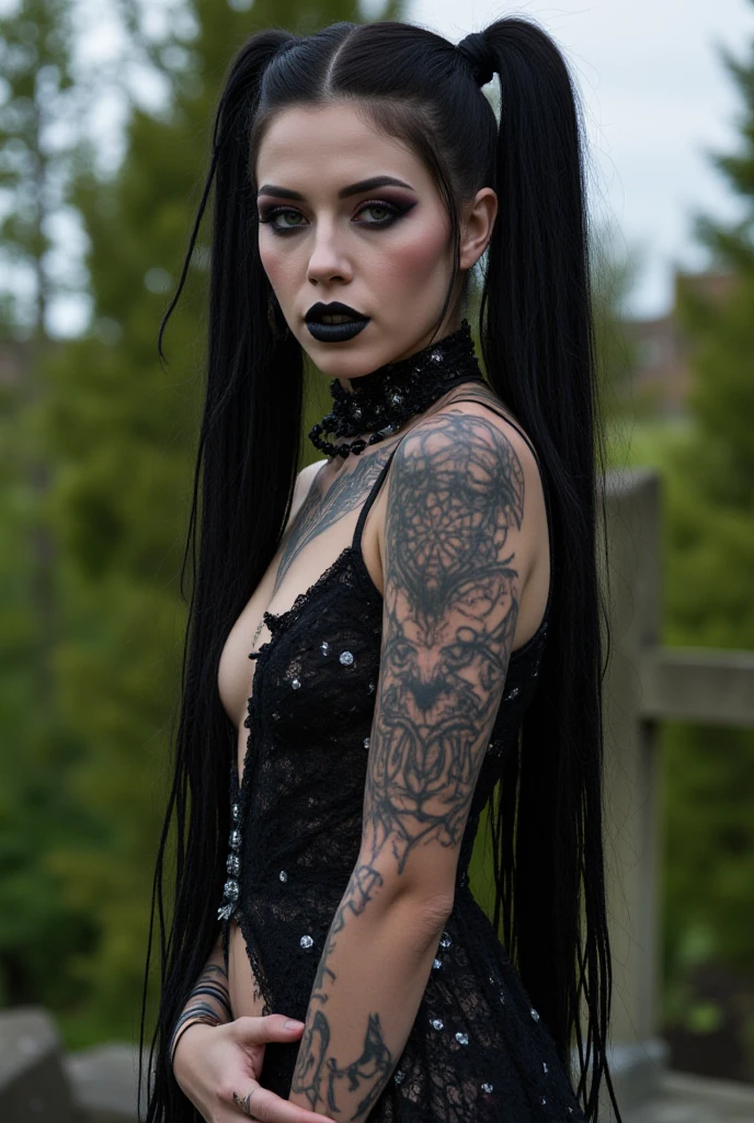 masterpiece, best quality, {30 year old woman}, long black hair, expressionless, windswept hair, black leather corset, black lipstick, detailed eyes, detailed hair, detailed skin, forest background, black tattoos on the arm, central lip ring {eroticism 1.5}, goth,